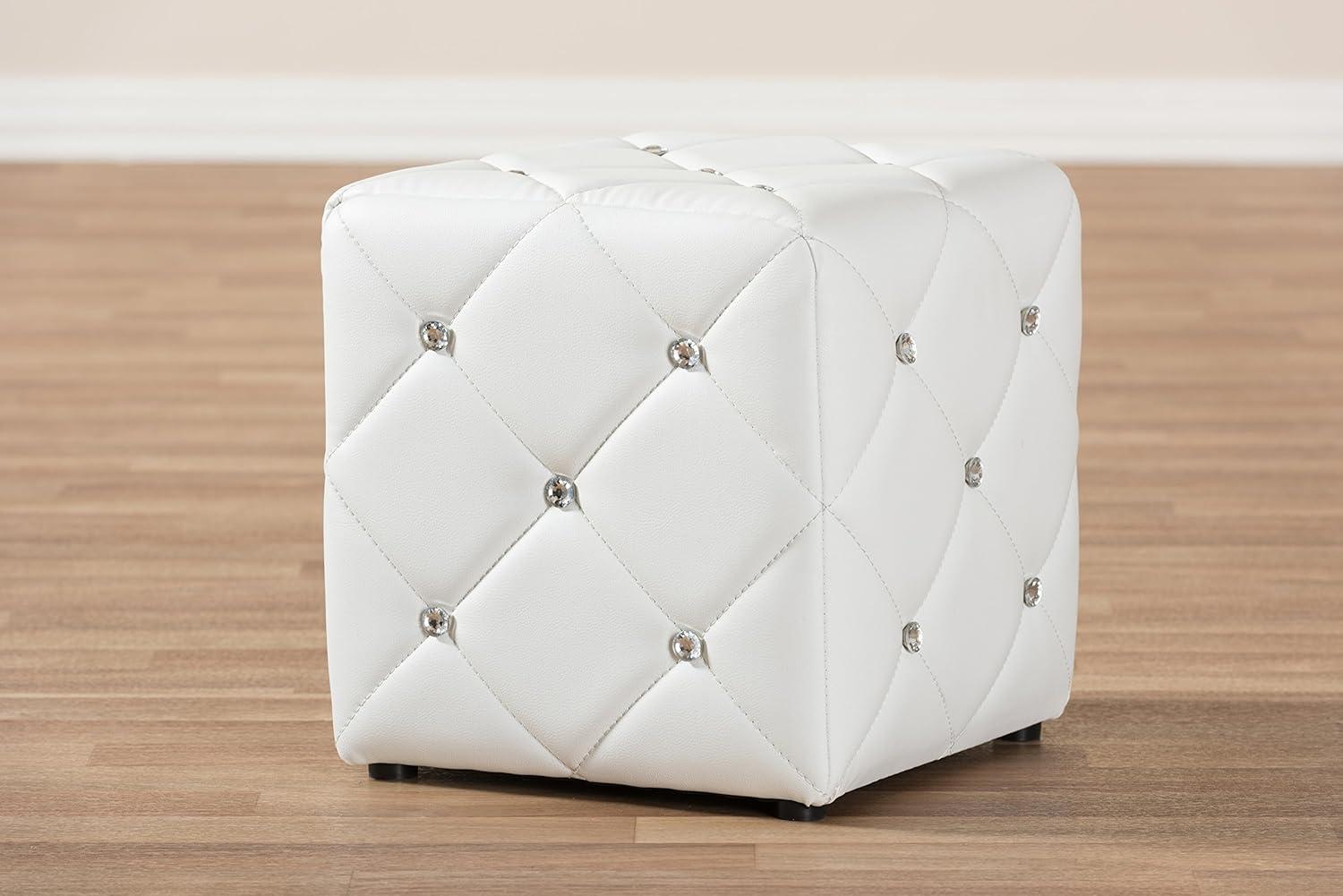 Homestock Tribal Treasures White Faux Leather Upholstered Ottoman, Square Ottaman, Button Tufted Design, Foam Padded, 13.78"D X 13.78"W X 13.78"H