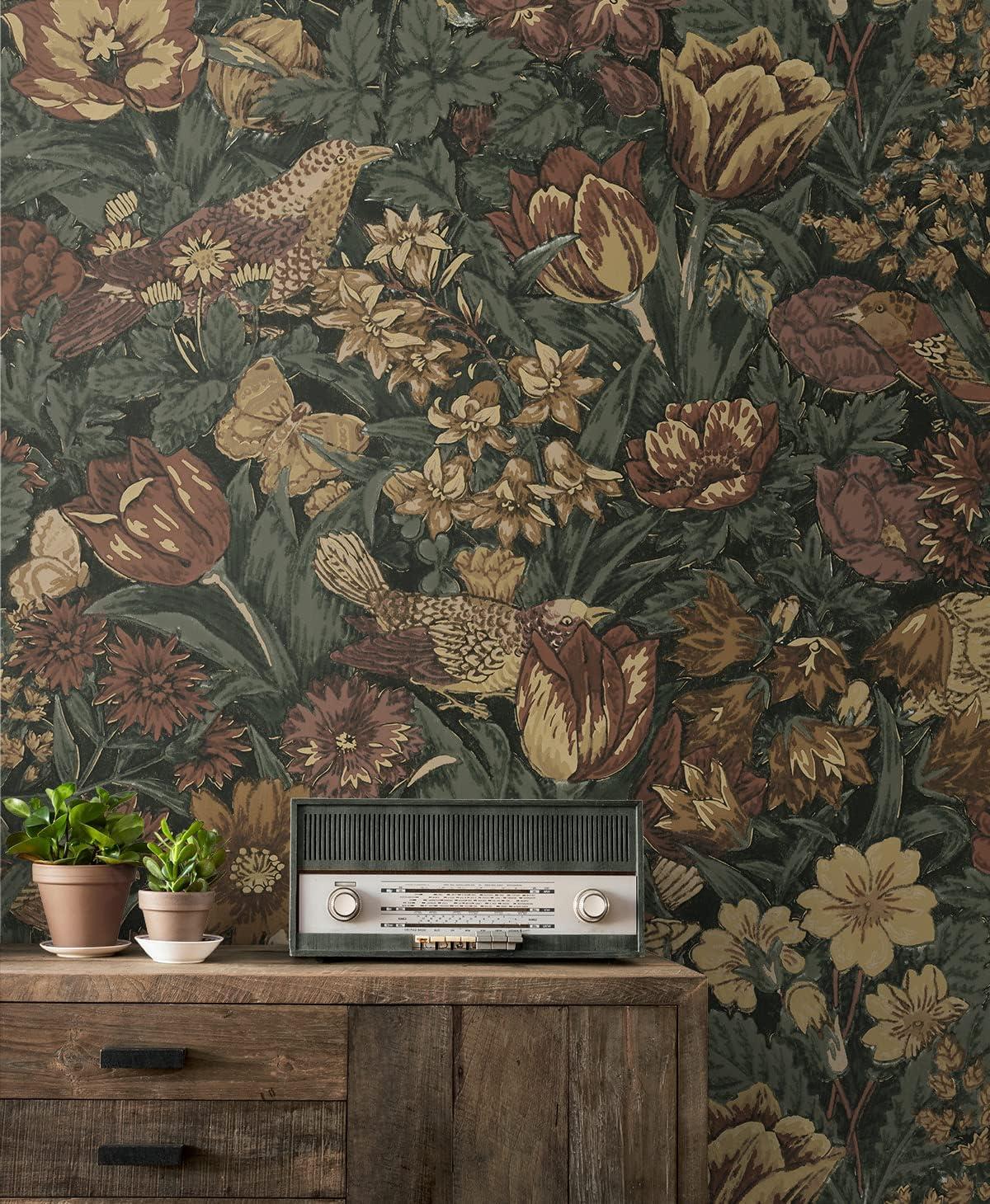 NextWall Bird Floral Peel and Stick Wallpaper: Vintage Botanical Design, Self-Adhesive Vinyl, Repositionable, Washable, 30.75 Sq Ft Coverage