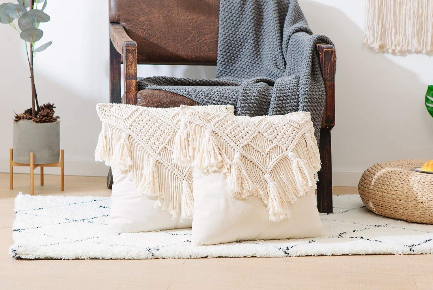 Cream Macrame Boho Throw Pillow Covers with Tassels, Set of 2