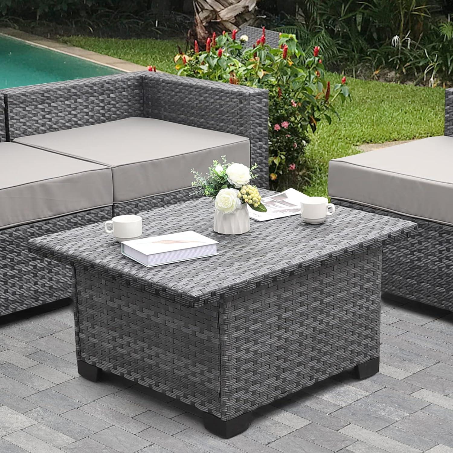 Silver Gray Liftable PE Wicker Outdoor Coffee Table with Storage