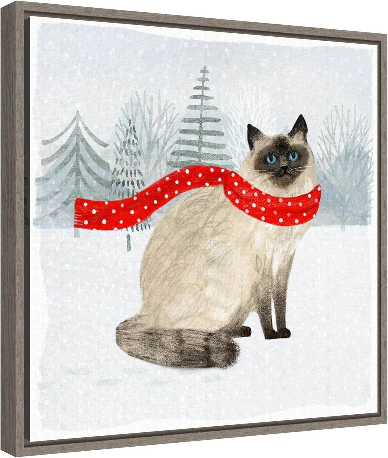 Christmas Himalayan Cat Print on Canvas with Greywash Frame