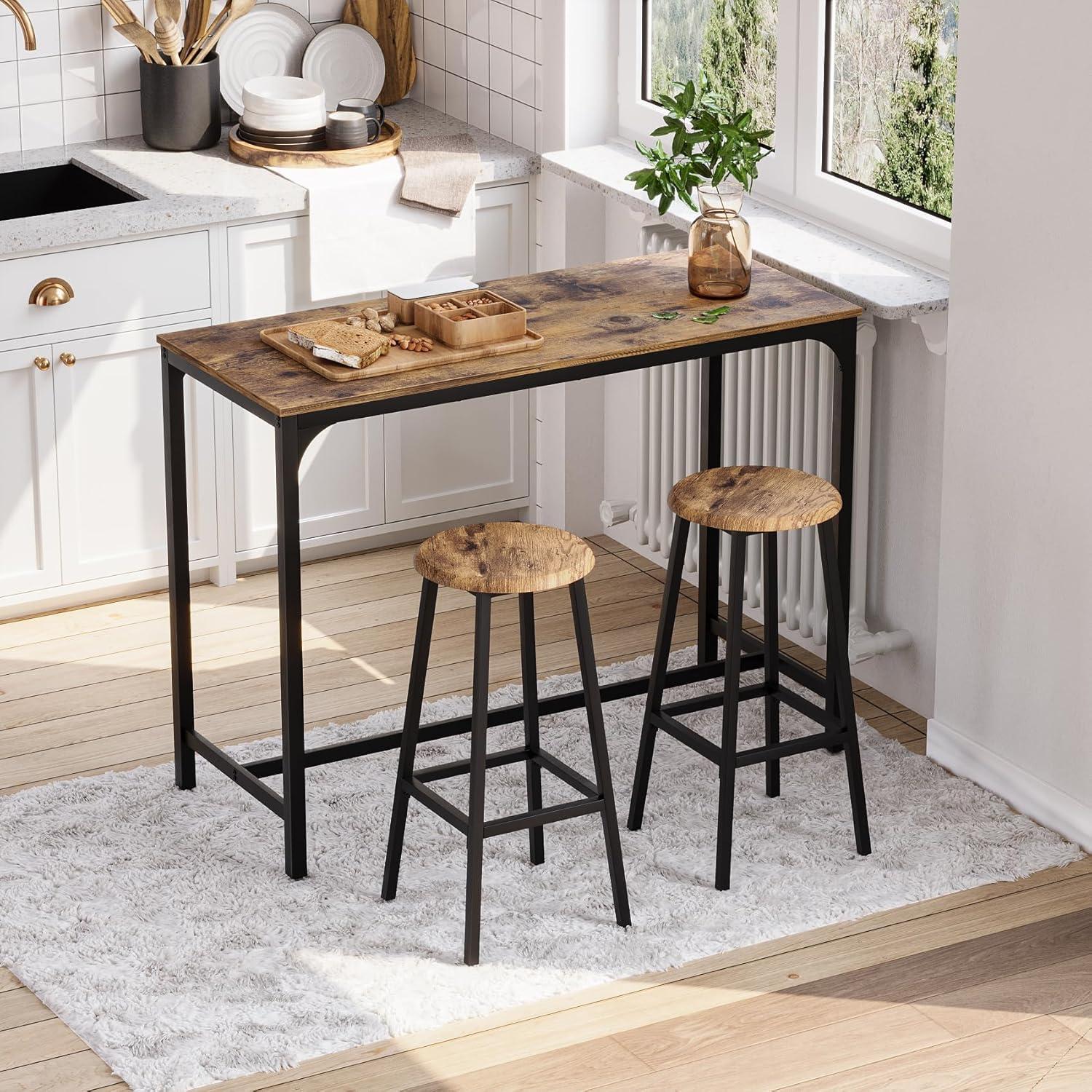 PAPROOS Bar Table Set for 2, 3 Pcs Pub Bistro Table and PU Upholstered Stools with Backrest, Industrial Counter Height Dining Table and Chairs for Kitchen Breakfast Nook Balcony, Rustic Brown