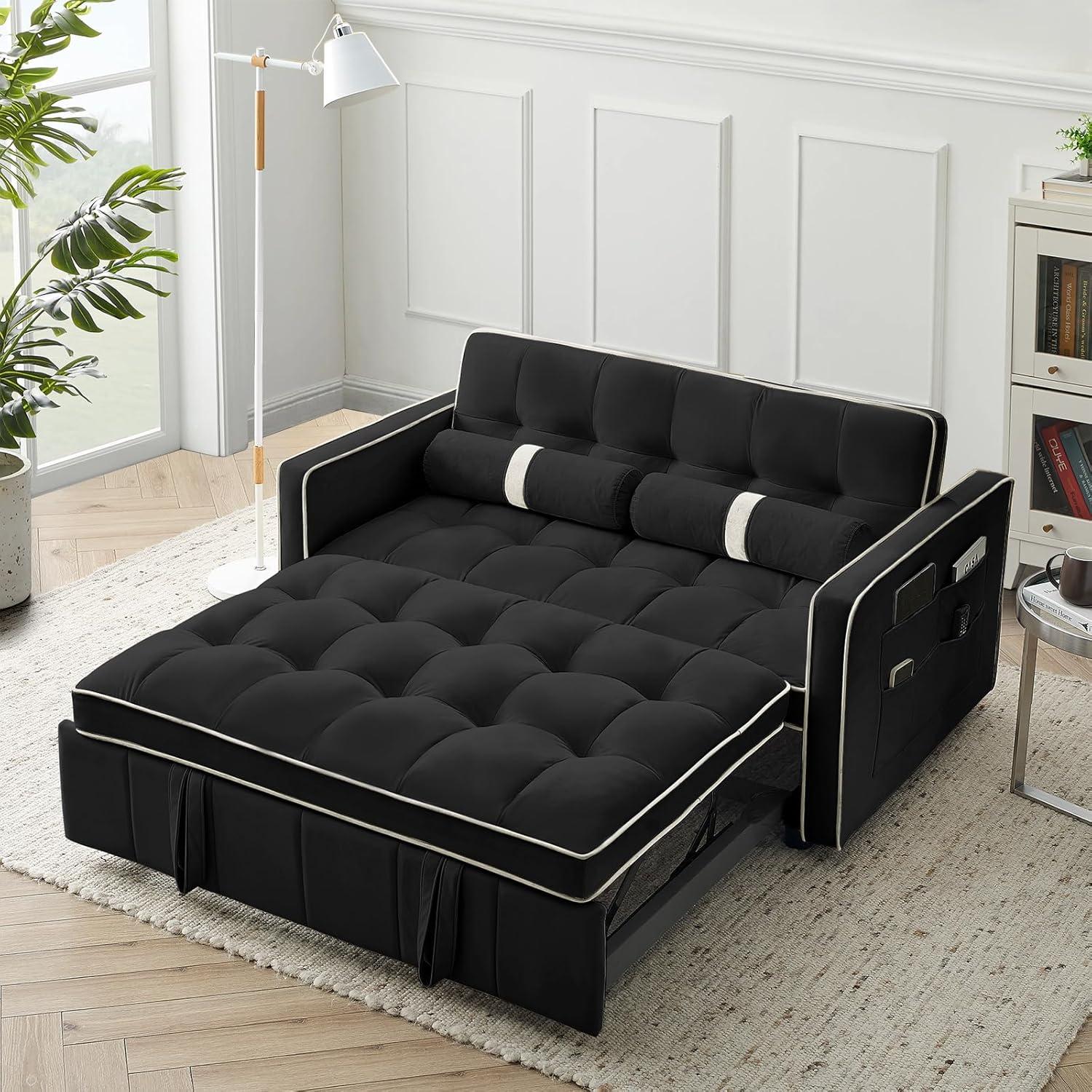 3 in 1 Convertible Sleeper Sofa Bed,55" Modern Velvet Sofa Couch Bed with 2 Lumbar Pillows and Adjsutable Backrest,2 Seater Loveseats Sofa for Apartment Office Living Room,Black