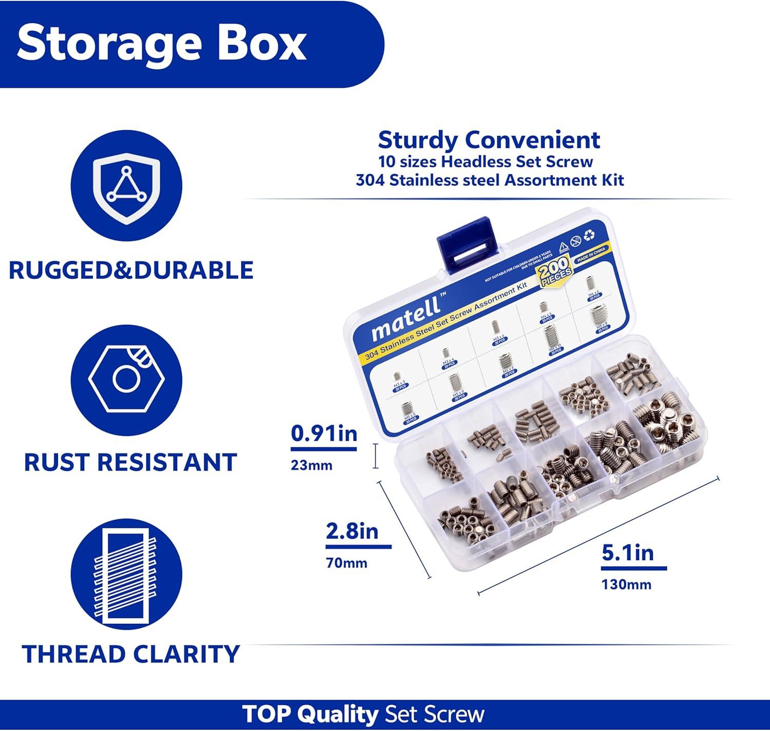200pcs Stainless Steel Hex Allen Head Socket Set Screw Assortment Kit Socket Set Screw with Internal Hex Drive (Silver)