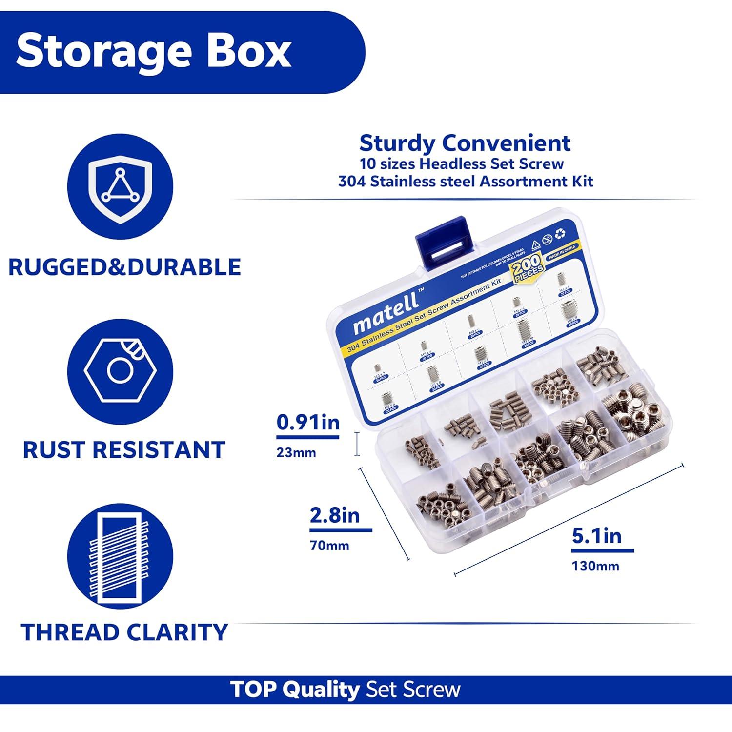 200pcs Stainless Steel Hex Allen Head Socket Set Screw Assortment Kit Socket Set Screw with Internal Hex Drive (Silver)