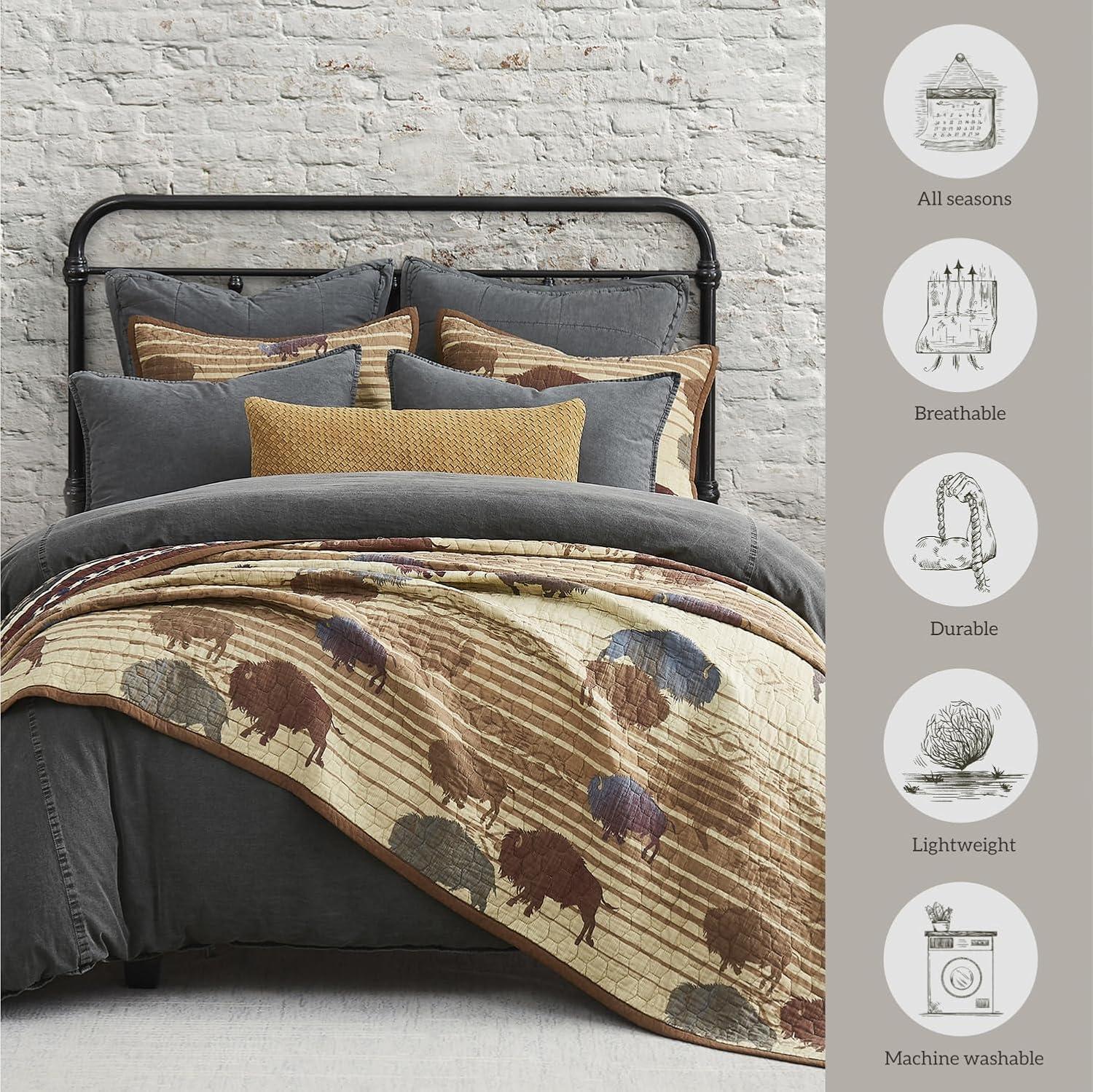 Home on the Range Printed Buffalo Aztec Cotton Western Style Reversible 3 Piece Quilt Set