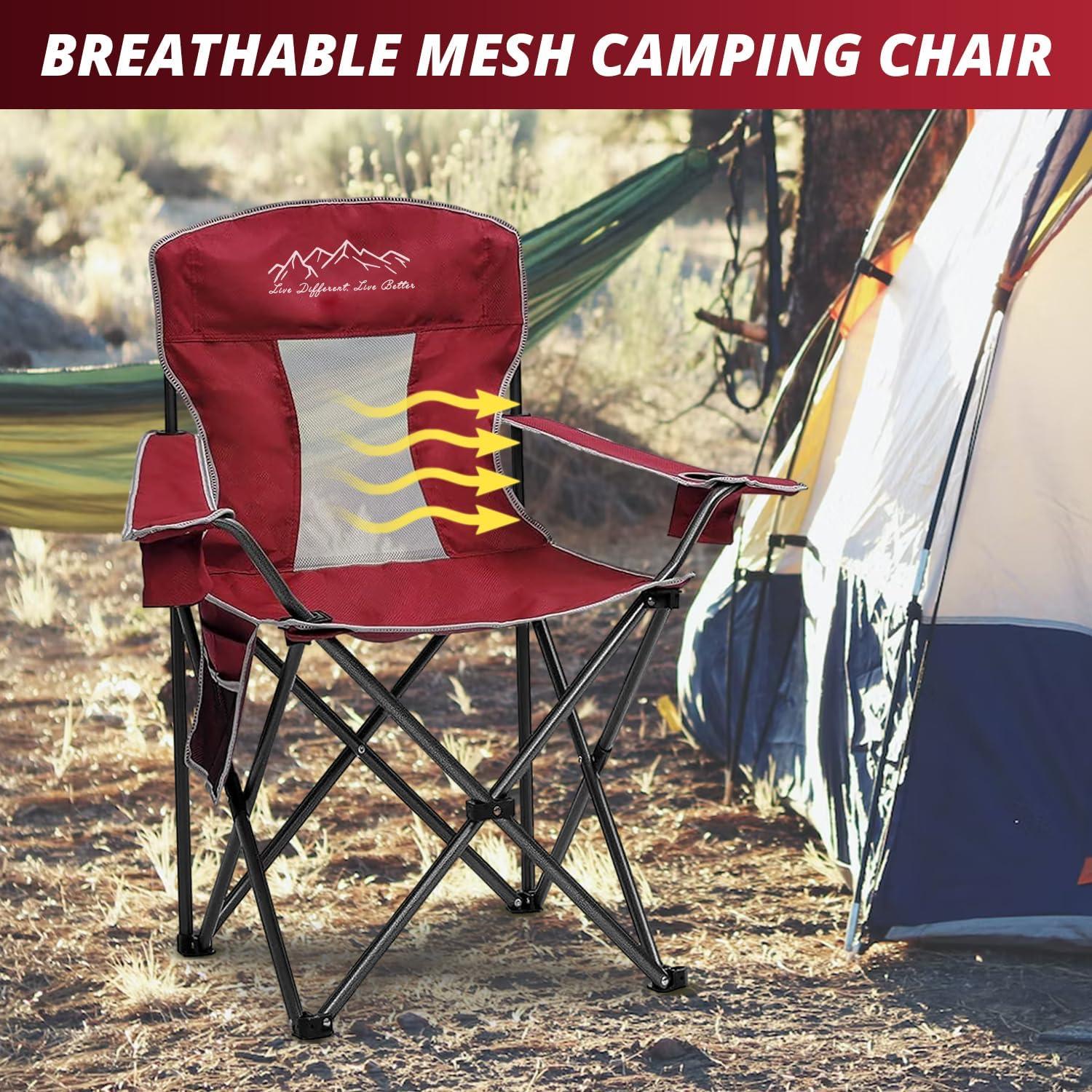 Red Mesh Folding Camping Chair with Cup Holder and Storage Pocket