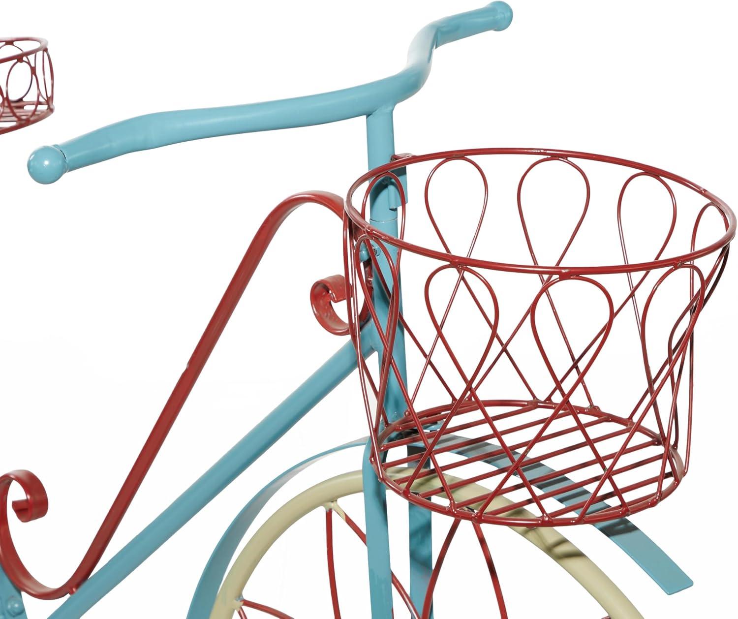 DecMode Vintage Turquoise/Red 3 Tier Bicycle Inspired Metal Plantstand, 54"W x 32"H