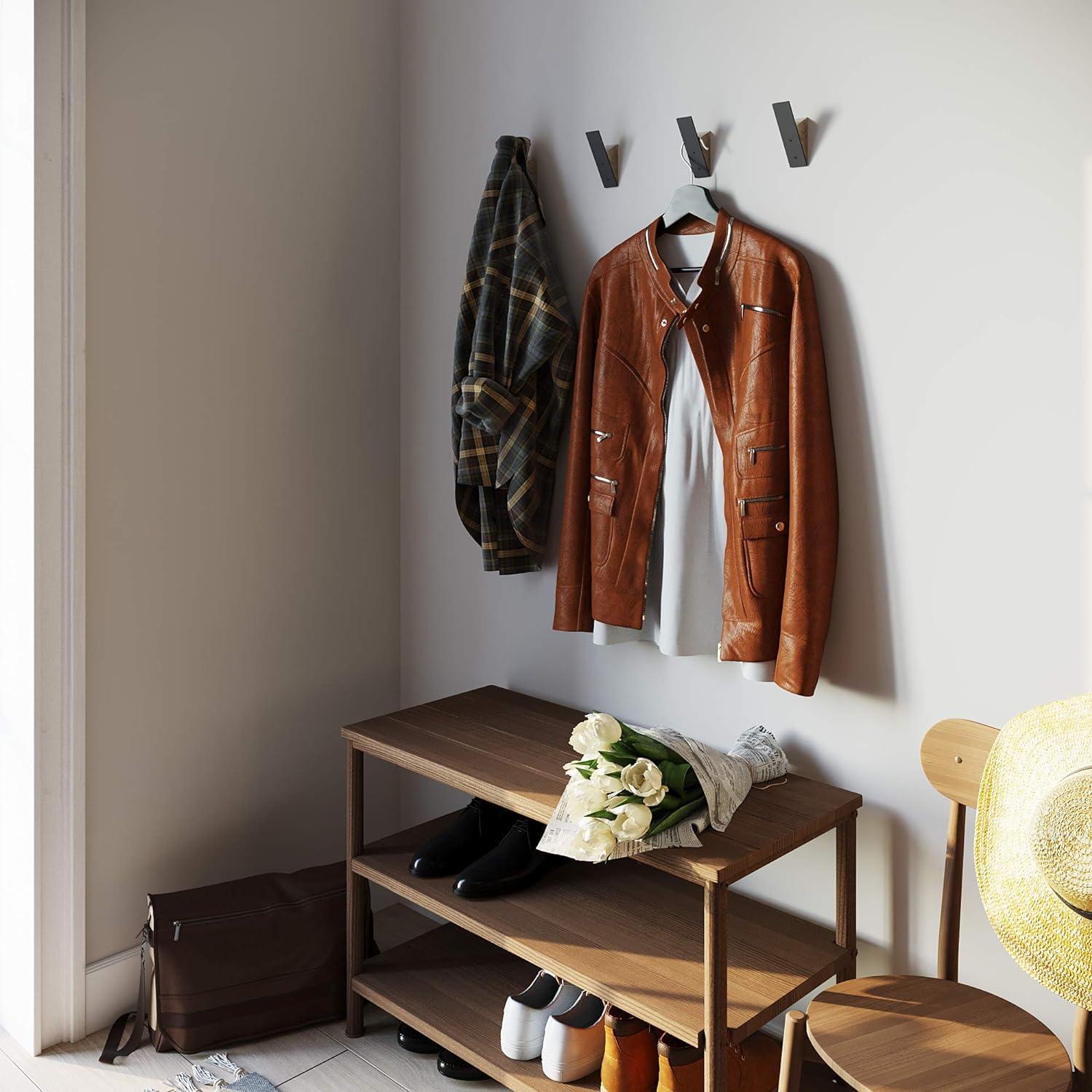 Black Walnut and Metal Wall Coat Hook Rack Set of 3