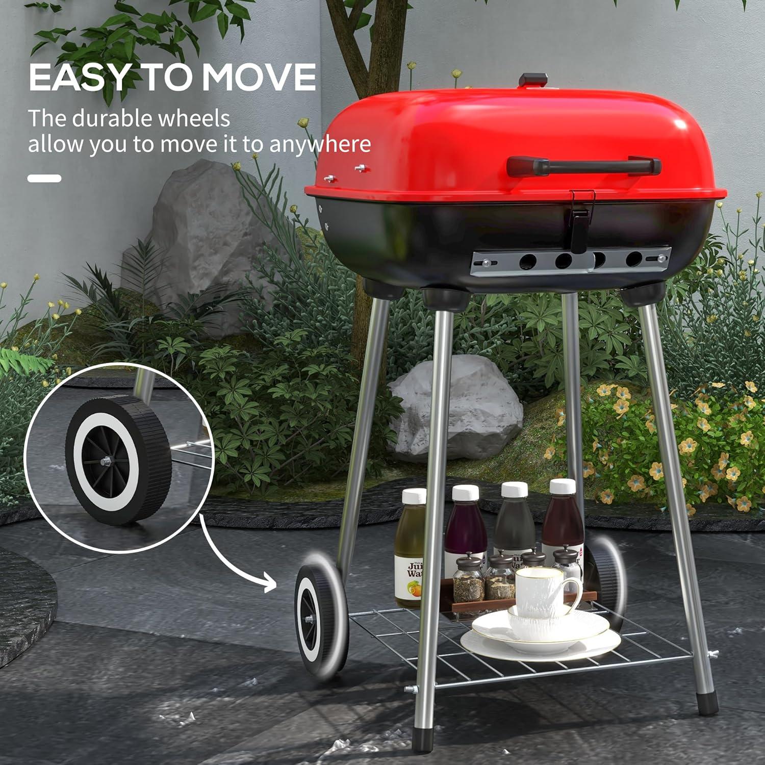 Outsunny 18" Portable Charcoal Grill with Wheels, Bottom Shelf and Adjustable Vents for Picnic, Camping, Backyard Cooking, Red