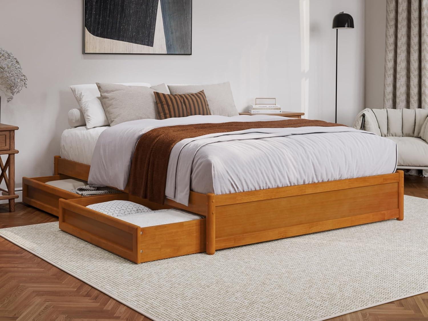 Barcelona Queen Wood Panel Platform Bed with Storage Drawers in Light Toffee