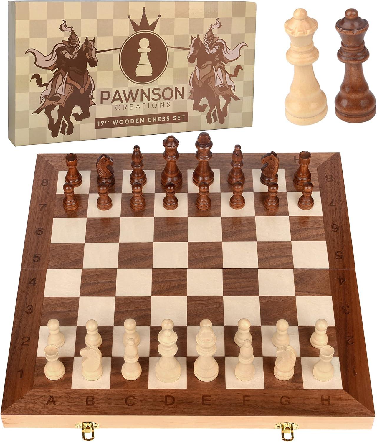 17" Walnut Wood Folding Chess Set with Hand-Carved Pieces