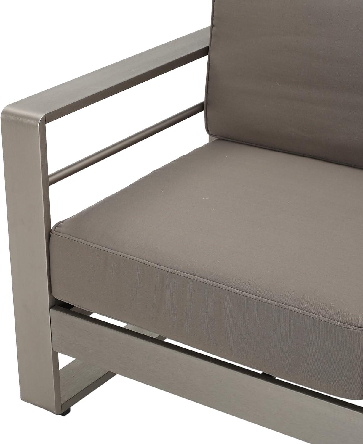 GDFStudio William Outdoor Aluminum 3 Seater Loveseat Sofa with Tray, Silver/Light Gray