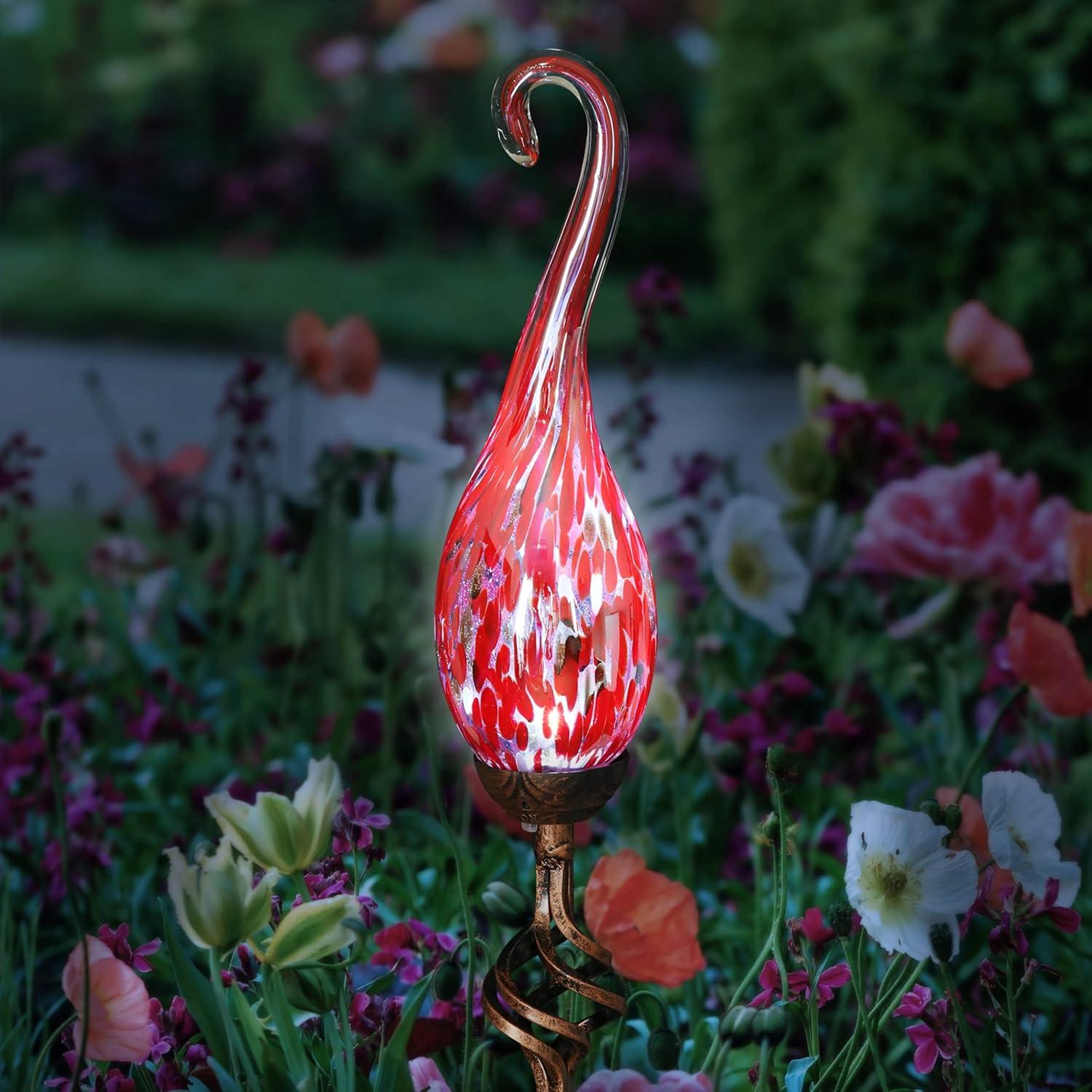 Exhart Solar Hand Blown Pearlized Glass Spiral Flame Garden Stake with Metal Finial Detail, 36 Inch