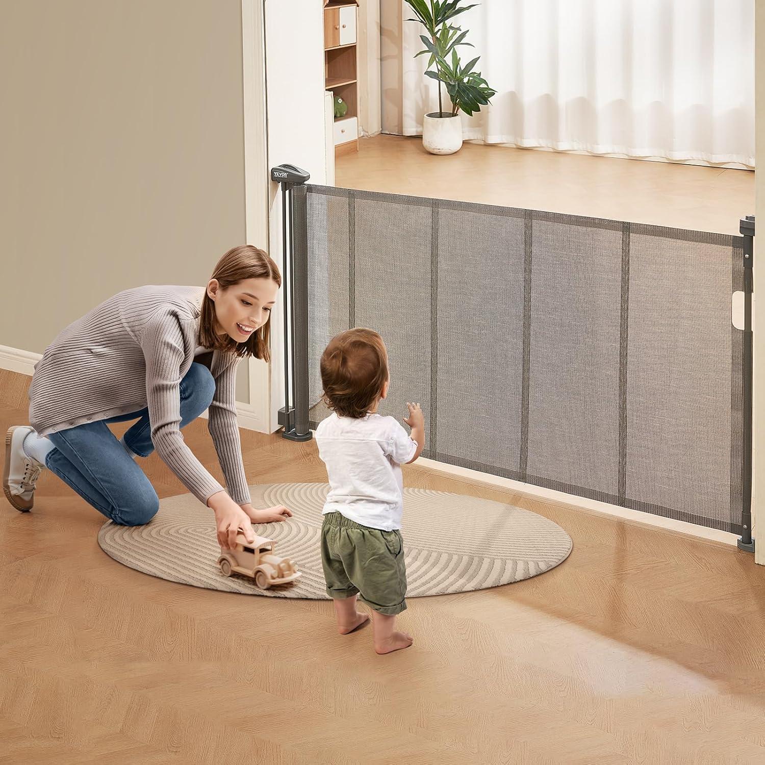 Gray Retractable Mesh Pet and Baby Gate for Stairs