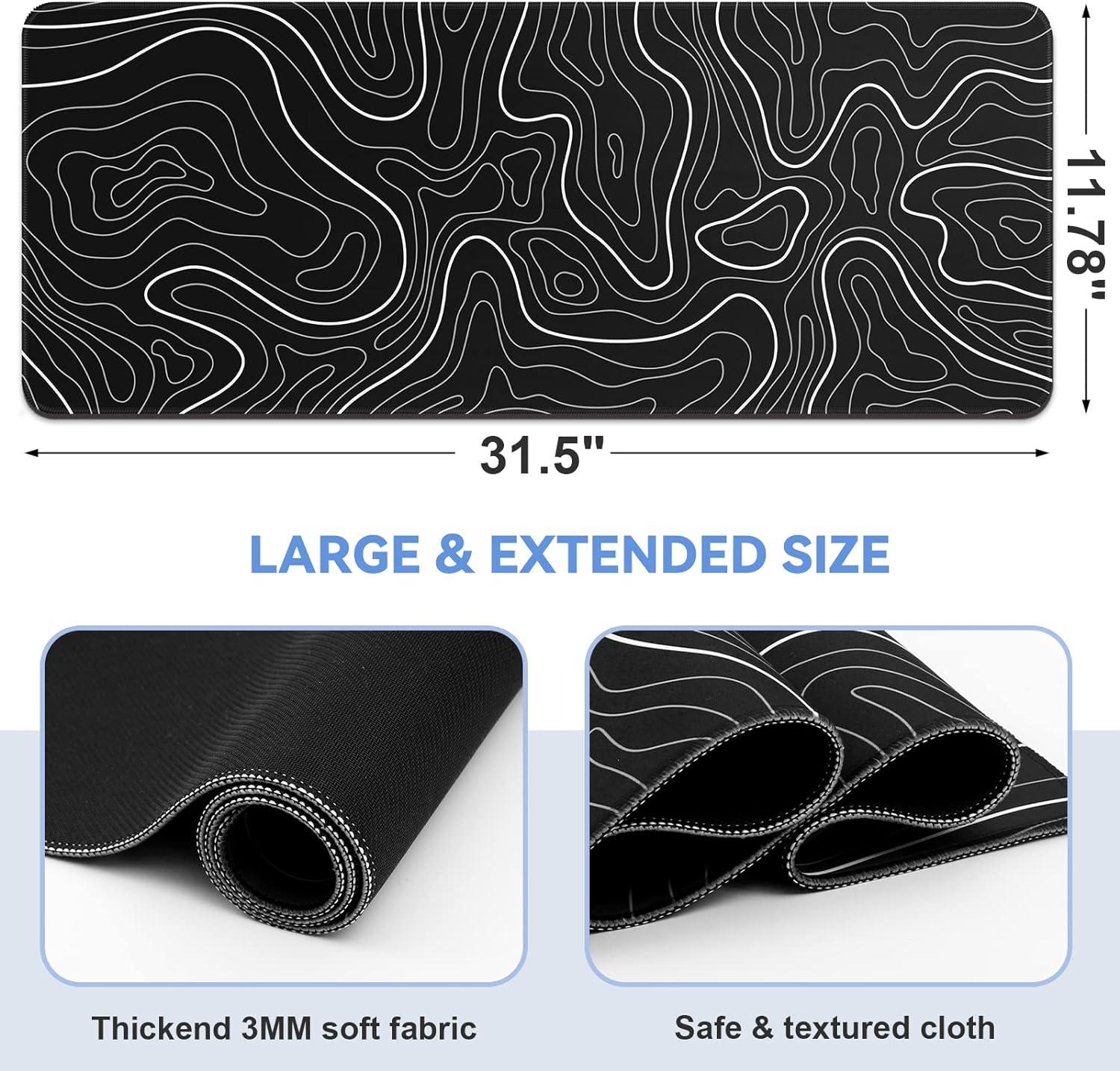 Mouse Pad Gaming Mousepad 31.5 x 11.8in Large Mouse Pad for Keyboard and Mouse with Anti-Slip Rubber Base, Keyboard Pad XL Mouse Mat for Home and Office（Black with White Topographic Line）
