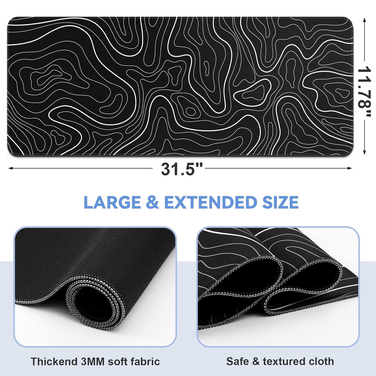 Mouse Pad Gaming Mousepad 31.5 x 11.8in Large Mouse Pad for Keyboard and Mouse with Anti-Slip Rubber Base, Keyboard Pad XL Mouse Mat for Home and Office（Black with White Topographic Line）