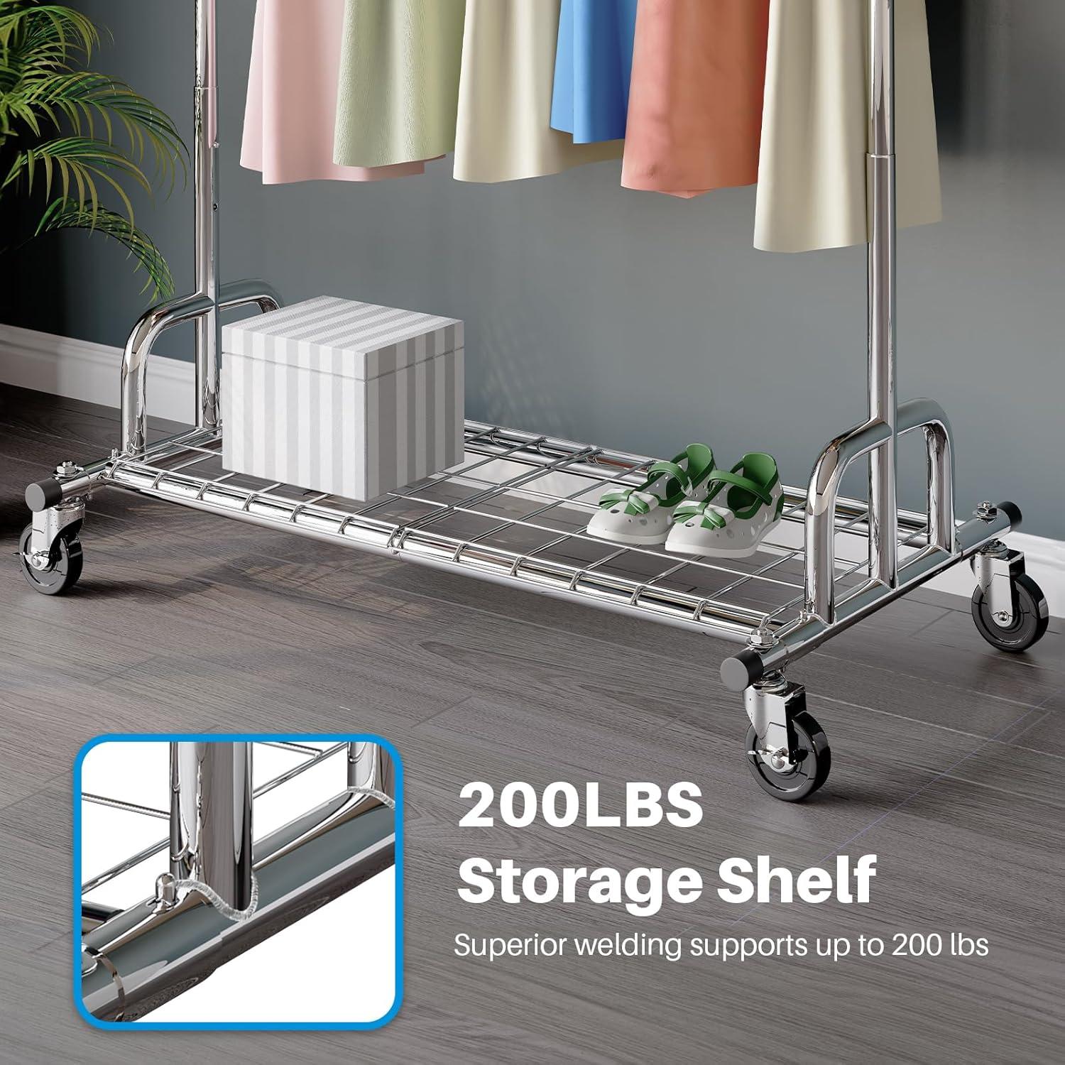 Chrome Heavy Duty Rolling Garment Rack with Shelves