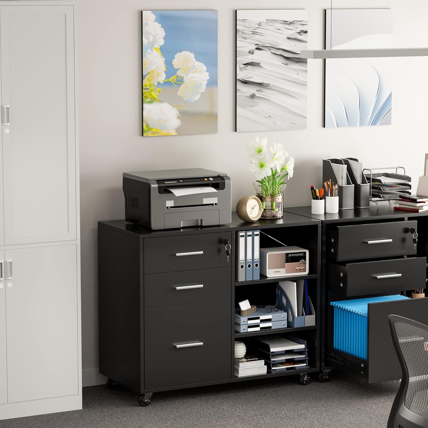 Black Wood Office Filing Cabinet with Adjustable Shelves and Lock