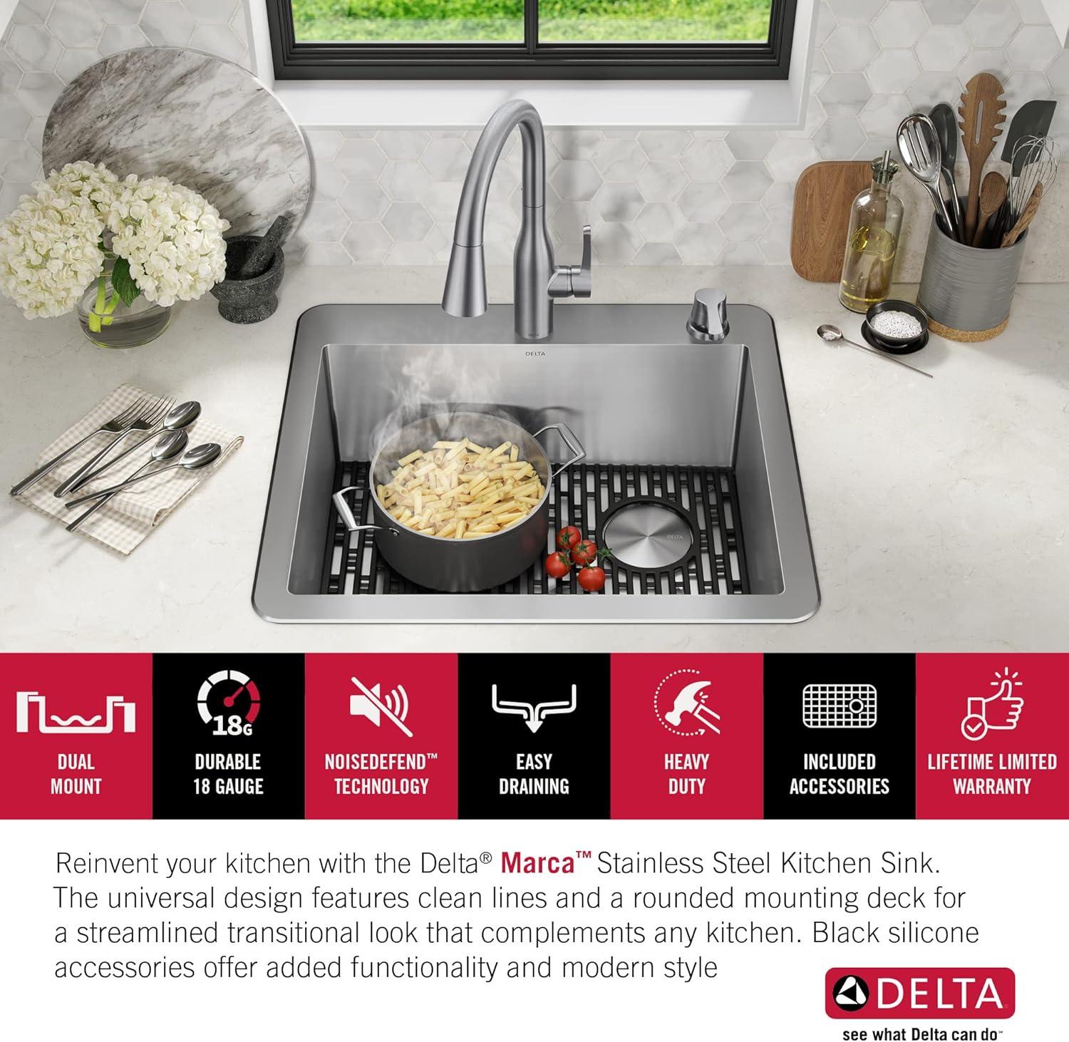 Delta Marca™ Drop-In Undermount Stainless Steel Single Bowl Kitchen Sink with Accessories