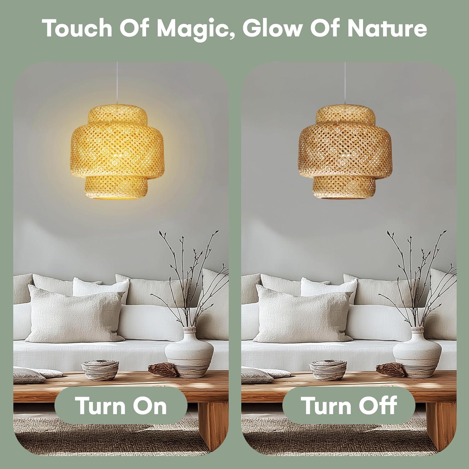 Hand Woven Rattan Lamp Shade - Bamboo Pendant Lights - Elegant Hanging Light Chandelier - Natural Boho Lighting Fixture - Dome Lamp Shade for Kitchen Island, Dining and Living Room - 14.96x15.71''