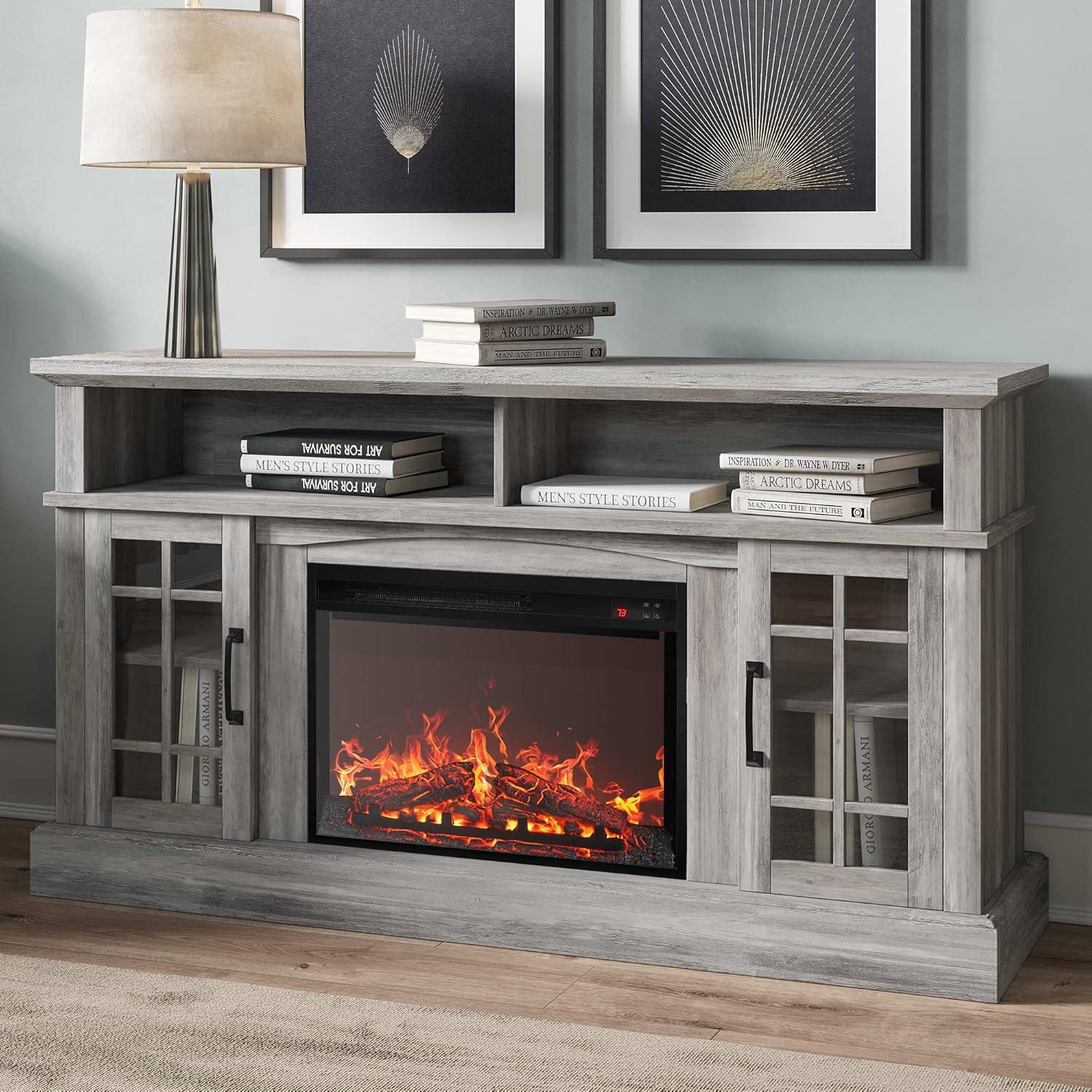 Gray Wash 58" TV Stand with Electric Fireplace and Cabinets