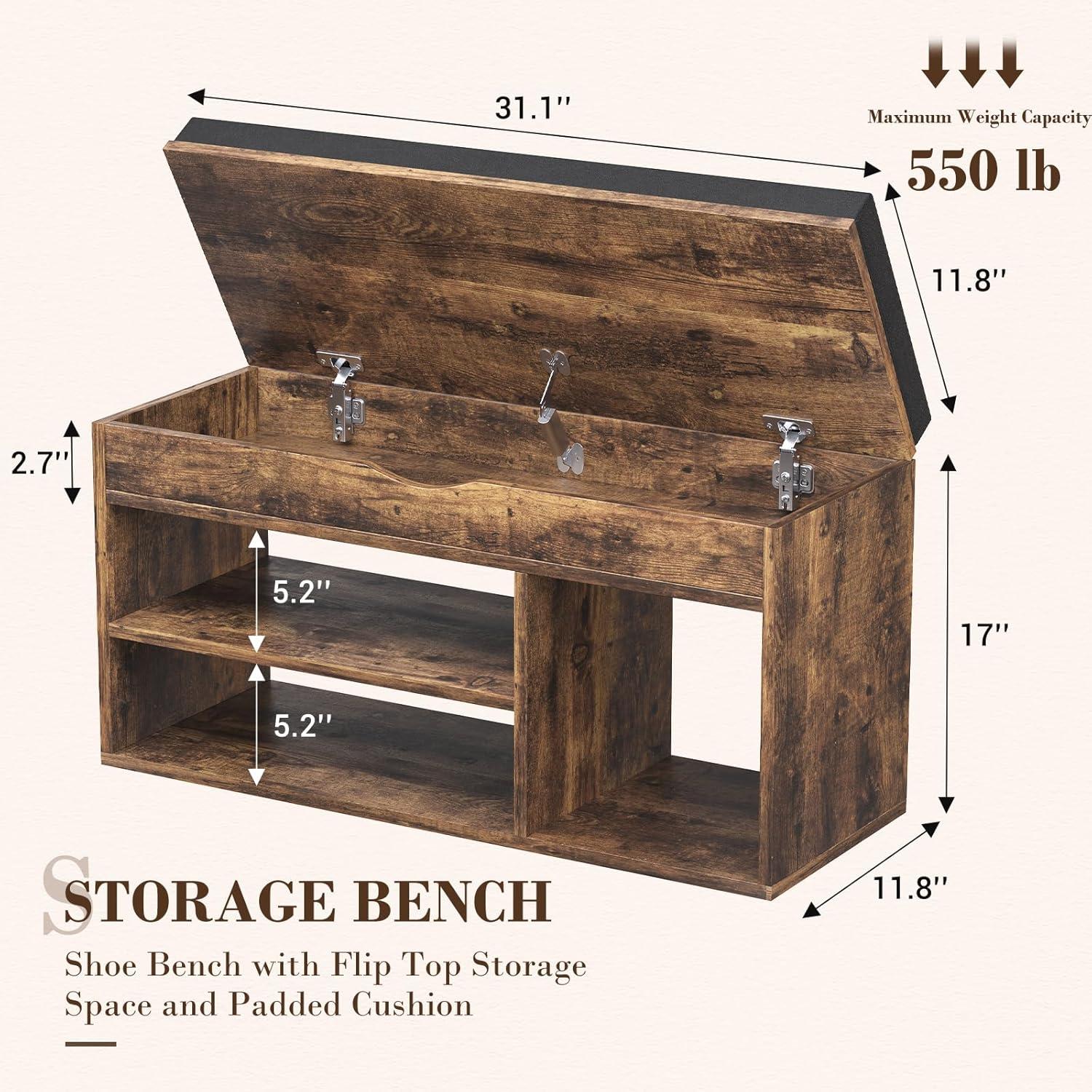 Apicizon 31 Inches Storage Bench, Shoe Bench with Flip Top Storage Space and Padded Cushion, Wooden Entryway Bench for Entryway, Living Room, 2-Tier Shoe Rack Organizer, Brown