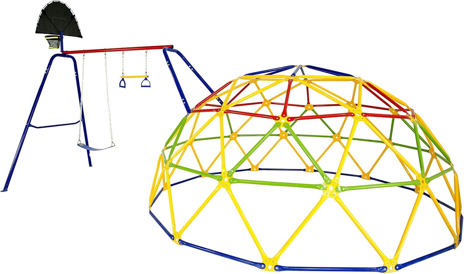 Multicolor Steel Geo Dome Climber with Swing Set and Basketball Hoop