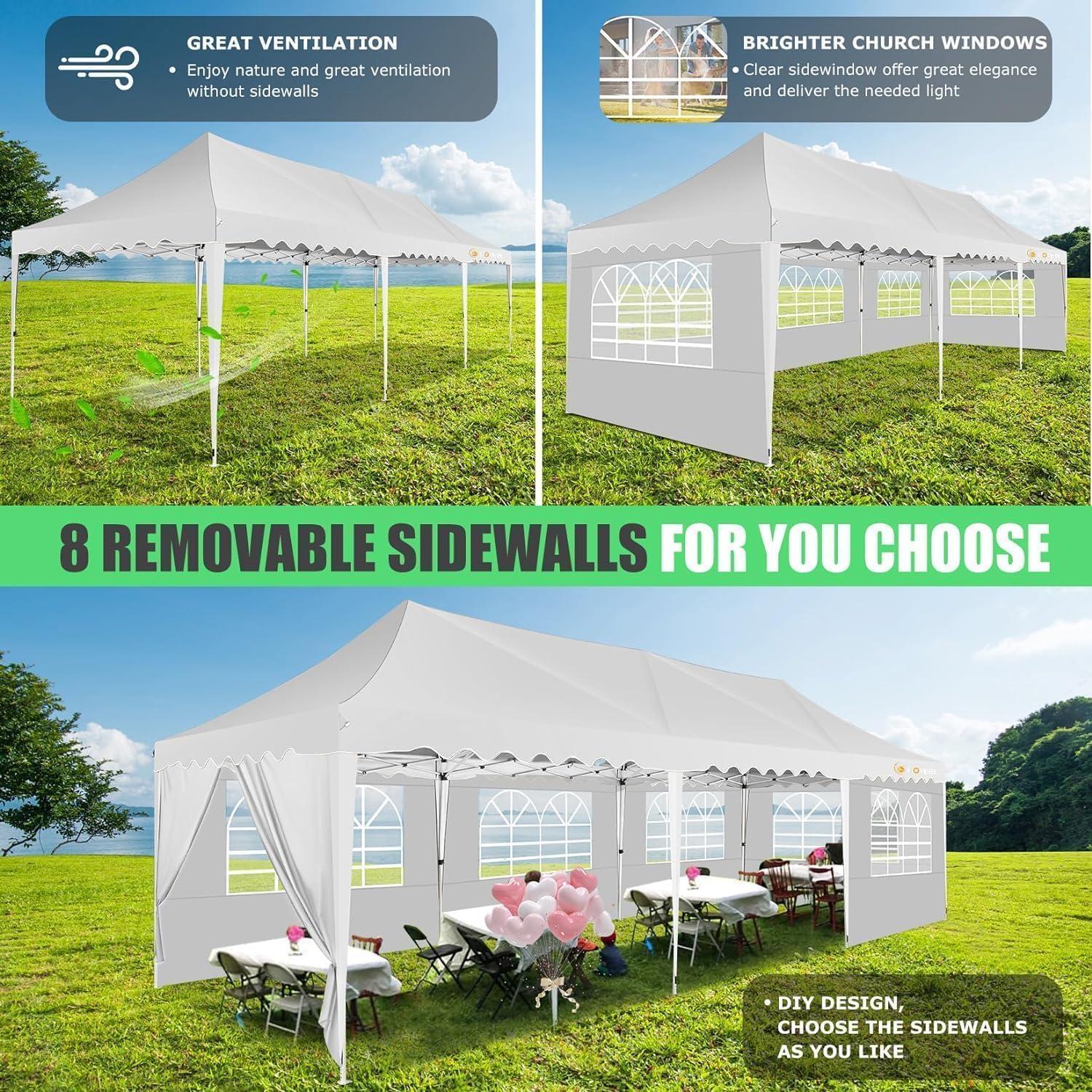 10'x30' EZ Outdoor Pop Up Canopy Tent, Waterproof and Sunproof Beach Canopy with 8 Removable Sidewalls, Heavy Duty Party Wedding Canopy, Height Adjustable Comes with 4 Sandbags, Rolling Bag (White)