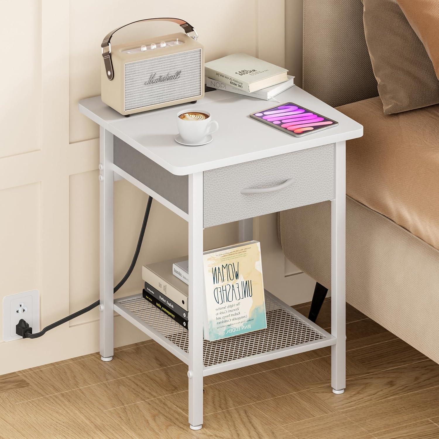 17 Stories Nightstands Set Of 2 With Charging Station And Fabric Storage Drawer,16.5" X 15.8" Side Table With Storage For Bedroom, Bedside Tables With Steel Fram