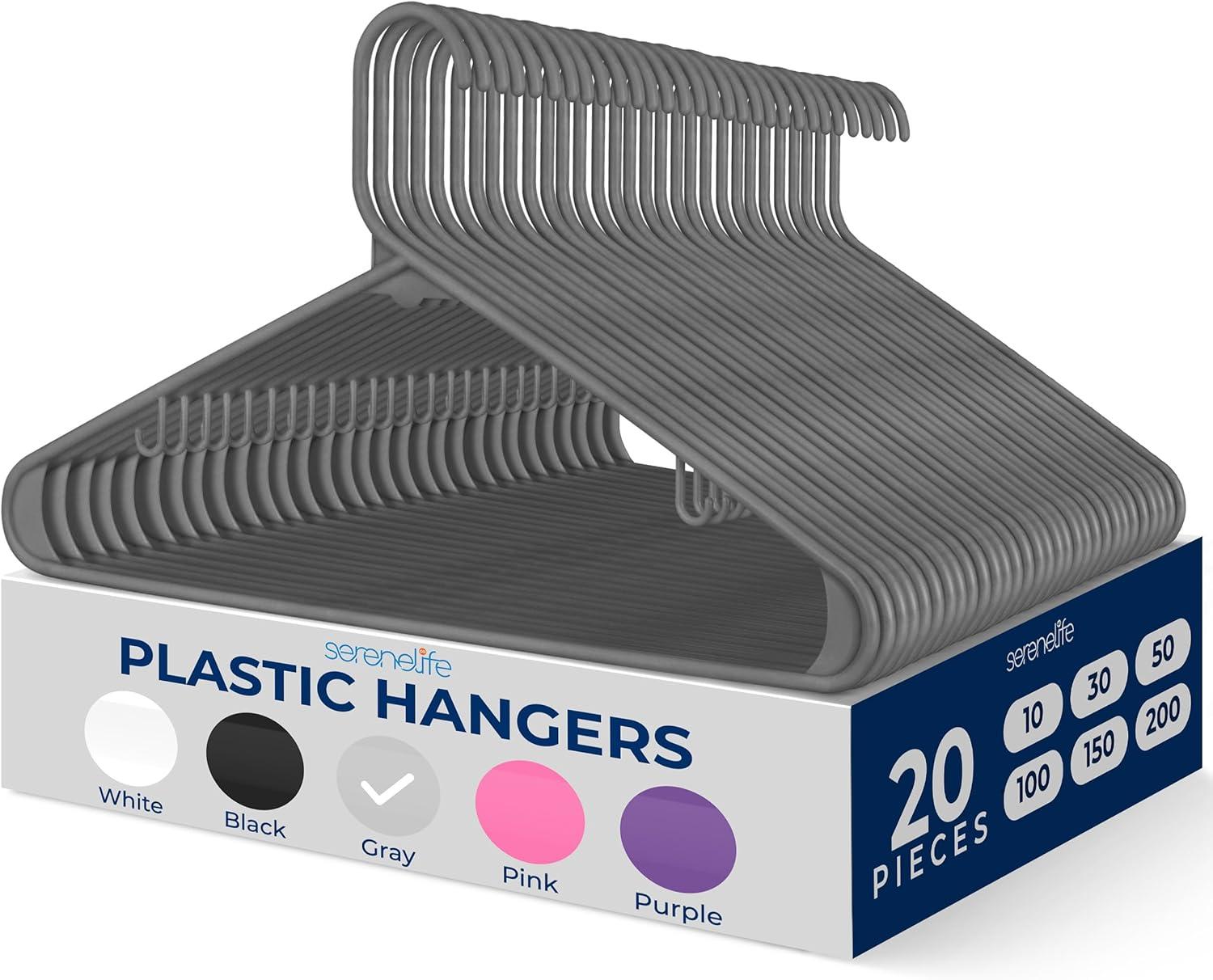 SereneLife 20pc Non-Slip Plastic Clothes Hangers - Space-Saving Design, Grey (SLHPLGRA20)