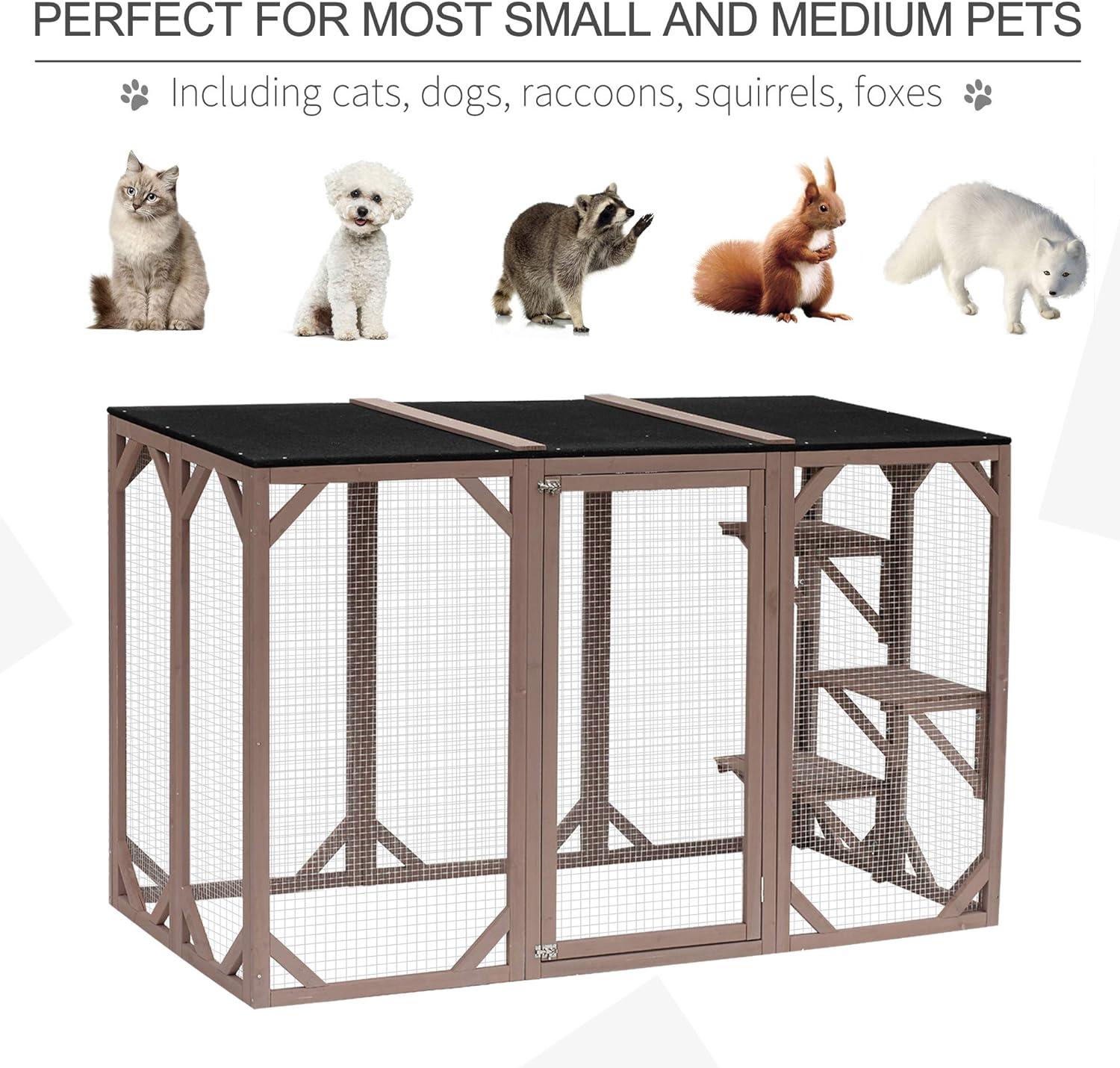 PawHut Wooden Outdoor Cat House Catio Kitten Enclosure Indoor Cage with Asphalt Roof, Multi-Level Platforms and Large Enter Door - 71"L