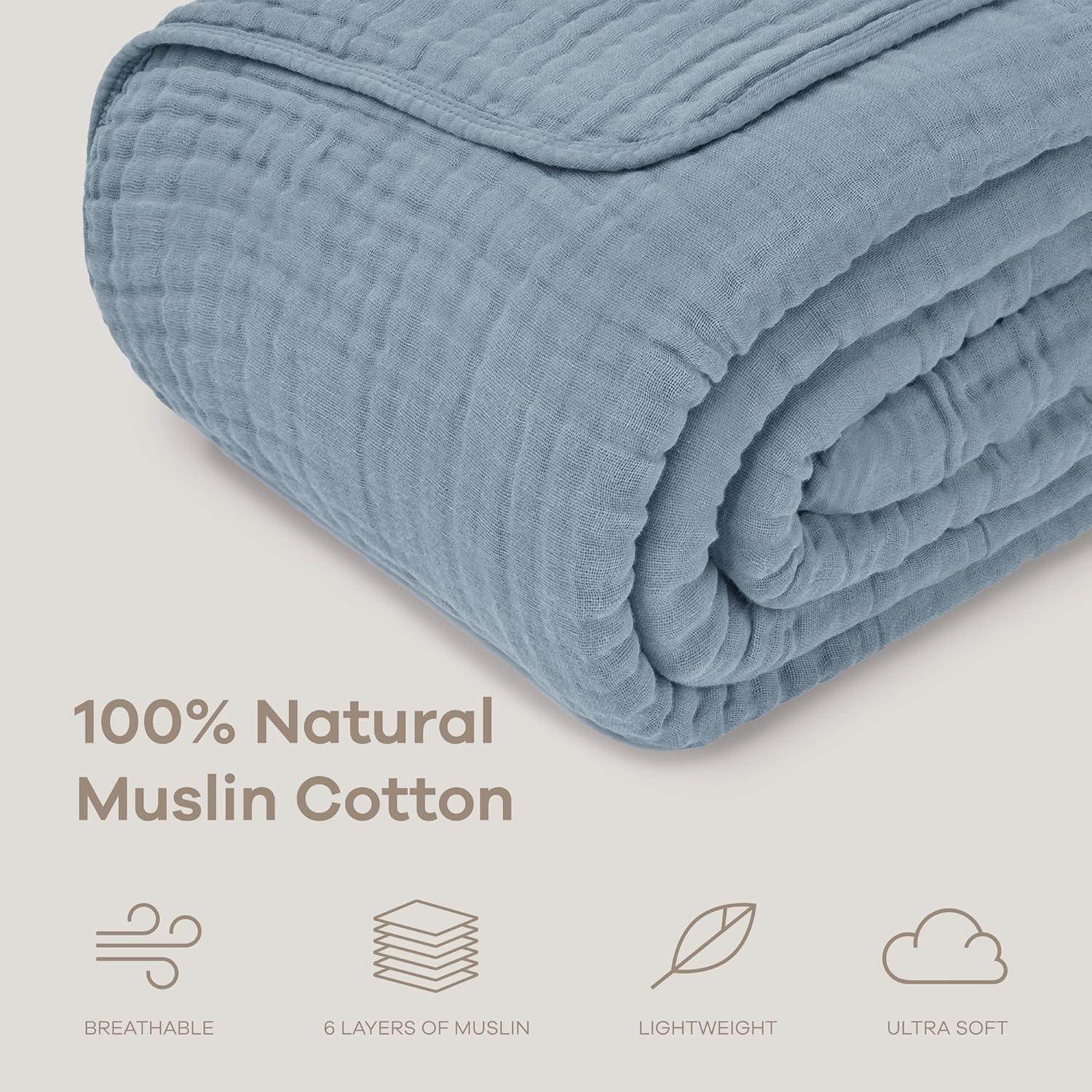 Muslin Blanket for Adults, Extra Large Queen 90" x 90" By Comfy Cubs - Pacific Blue