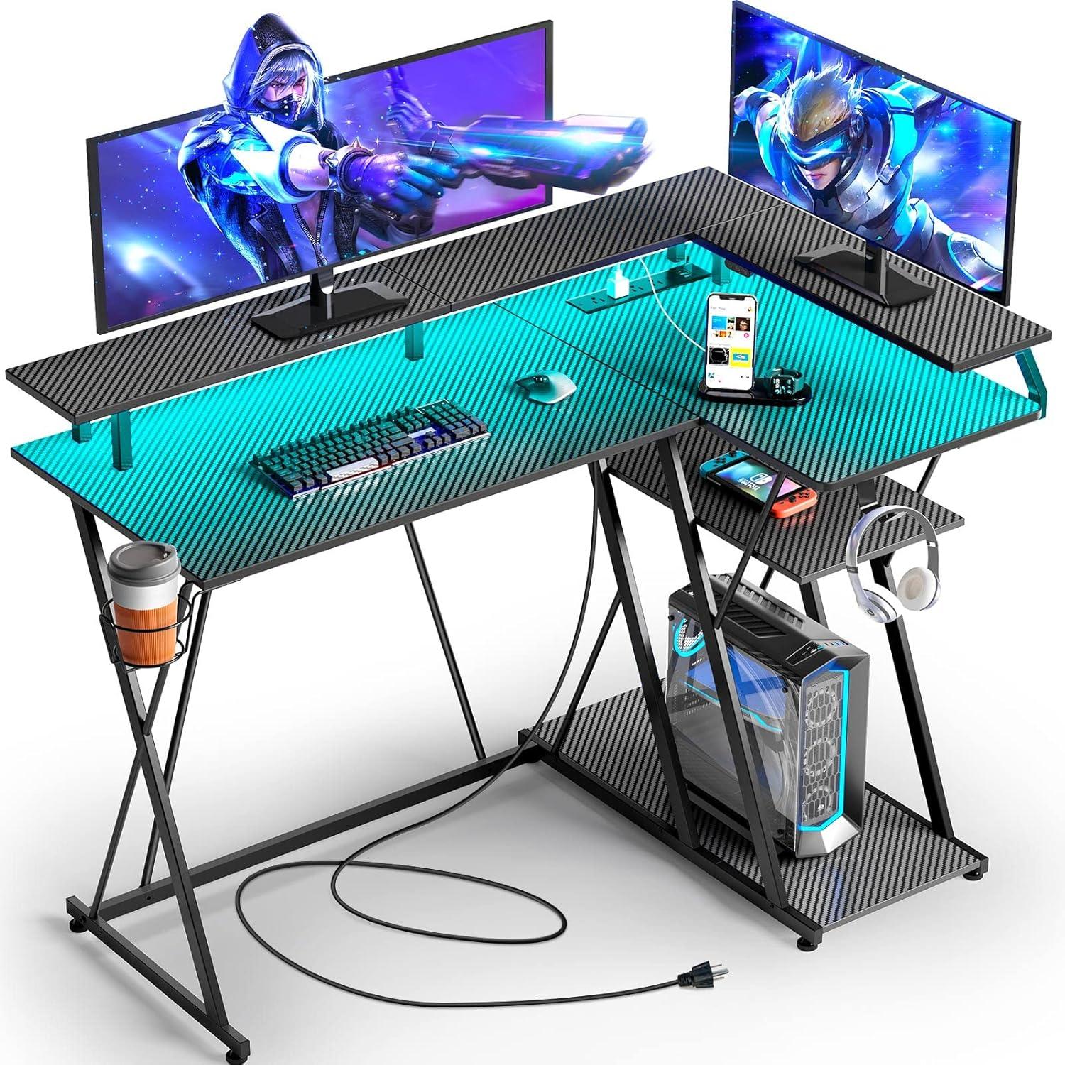 Black L-Shaped Gaming Desk with LED Lights, Power Outlet, and Storage