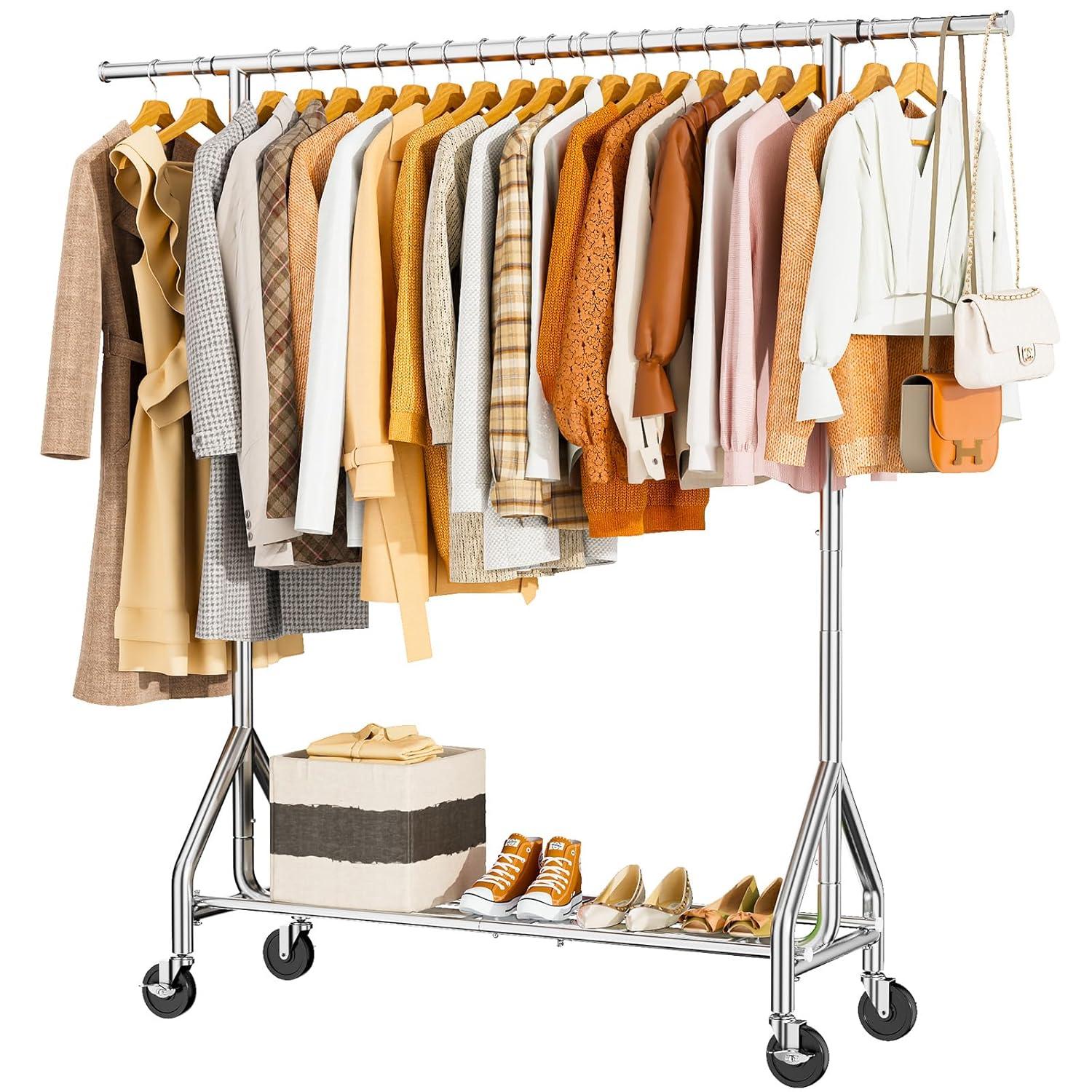 Heavy Duty Clothes Rack Load 450 LBS, Metal Garment Rack, Standing Rolling Clothing Rack for Hanging Clothes with Sturdy Wheels & Shelves, Portable Closet Wardrobe Rack,Sliver