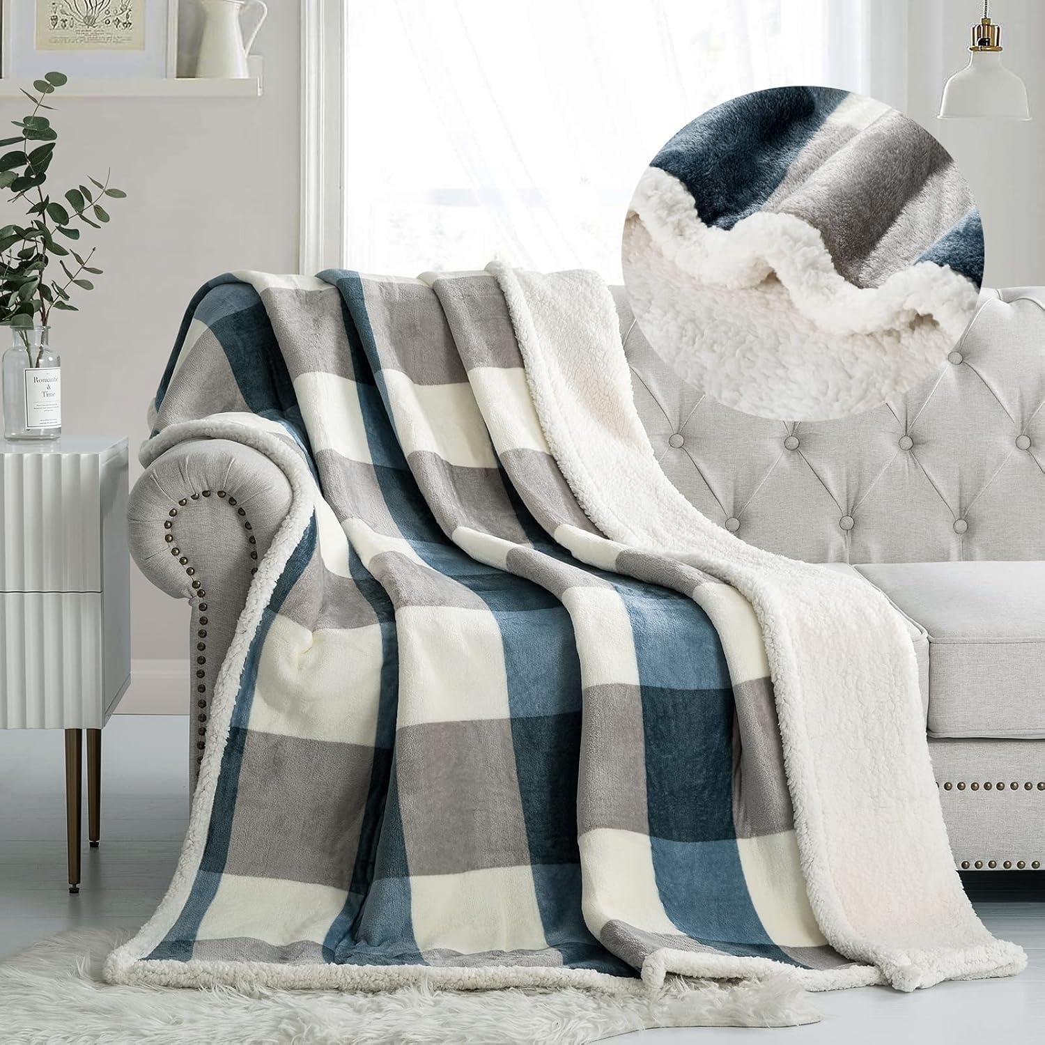 Sherpa Fleece Reversible Winter Throw Blanket in Gray and Blue