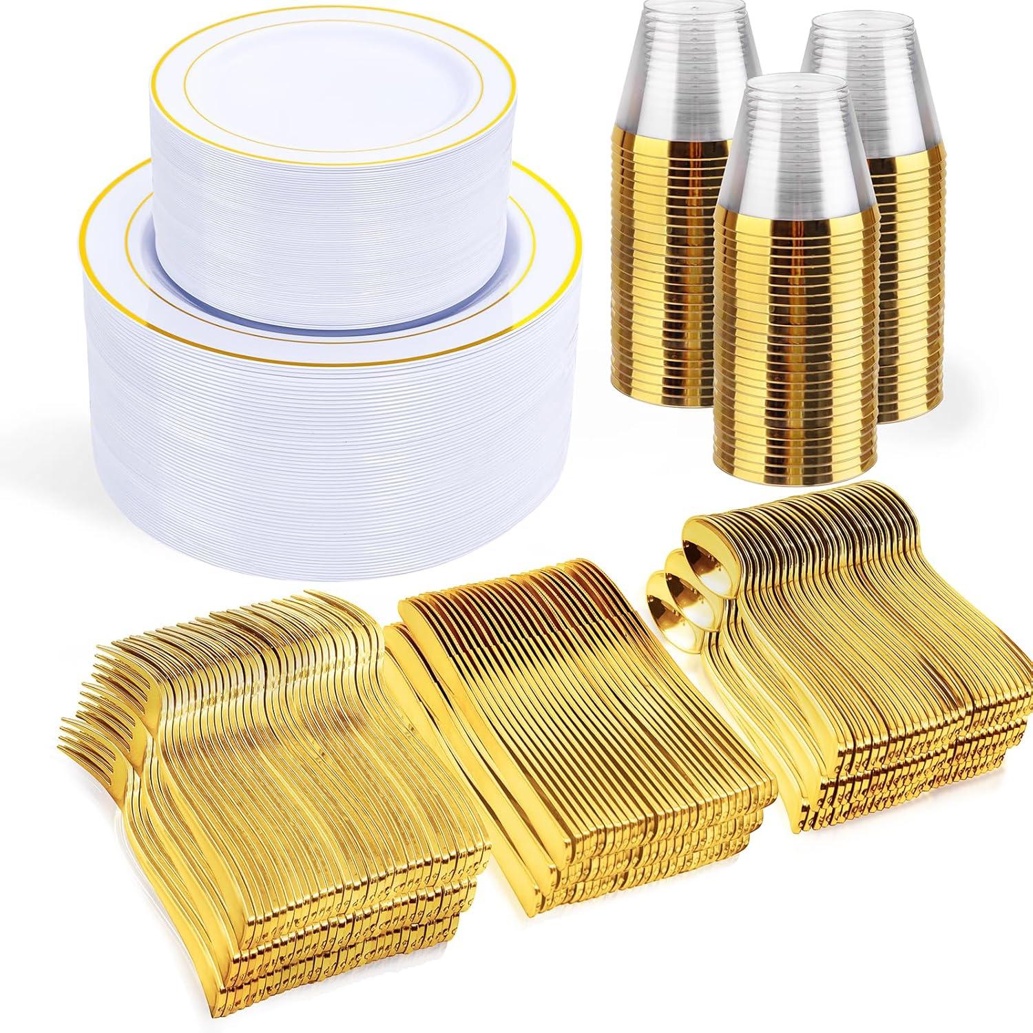 Gold Disposable Dinnerware Set for 100 Guests - 600PC BPA-Free Plastic Plates & Cutlery Kit with 100 Dinner Plates, Salad Plates, Forks, Knives, Spoons & Cups for Wedding, Party, Catering (Heavy-Duty)
