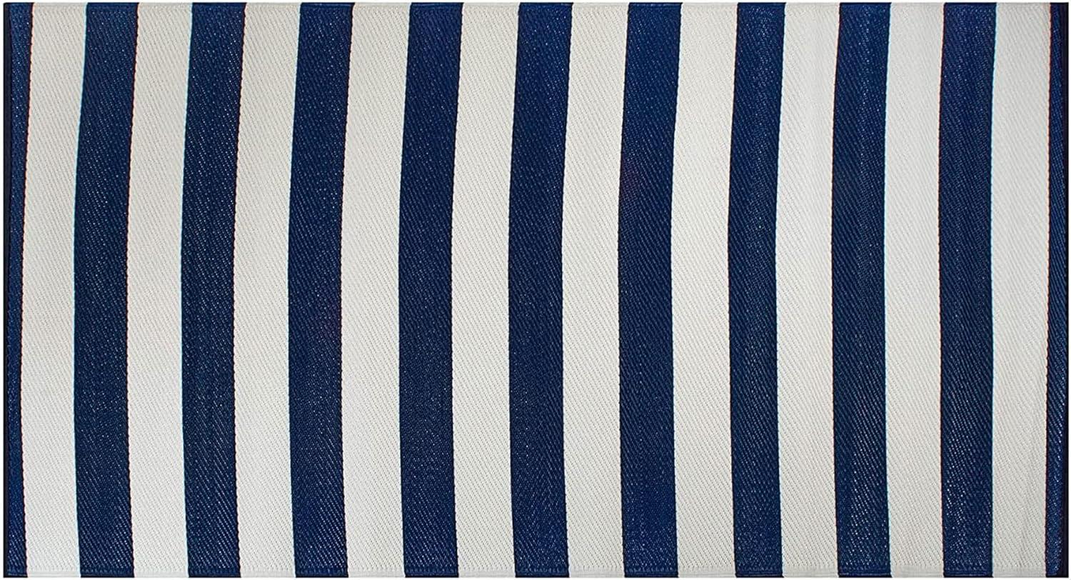 Navy and White 4' x 6' Stripe Synthetic Rectangular Washable Rug