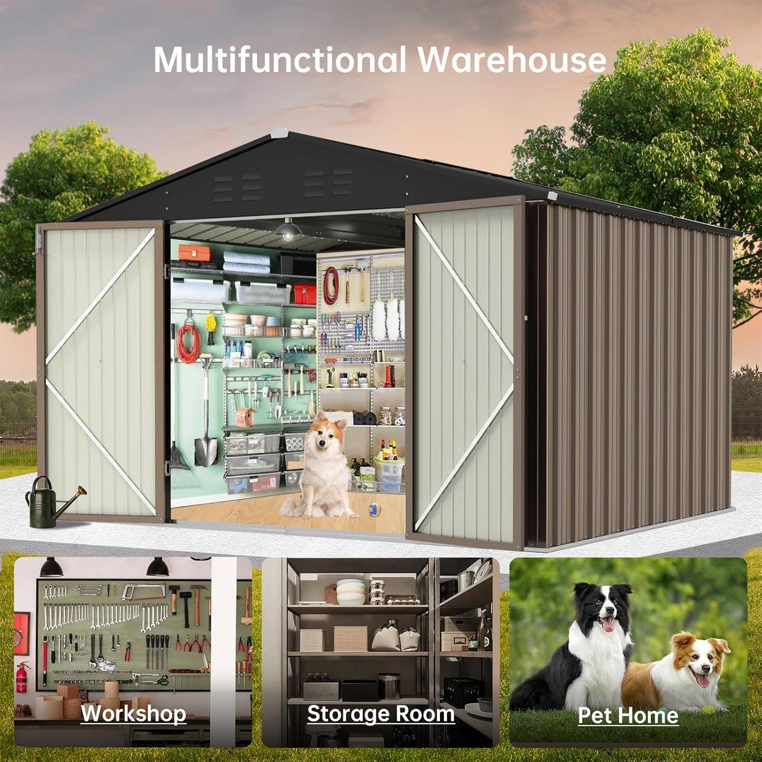 12x10 FT Outdoor Metal Storage Shed Garden Tool House With Lockable Doors and Vent Brown