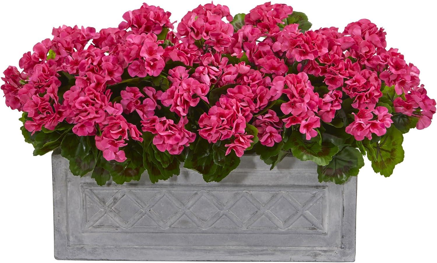 Nearly Natural 18 in Geranium Artificial Plant in Stone Planter UV Resistant (Indoor/Outdoor)