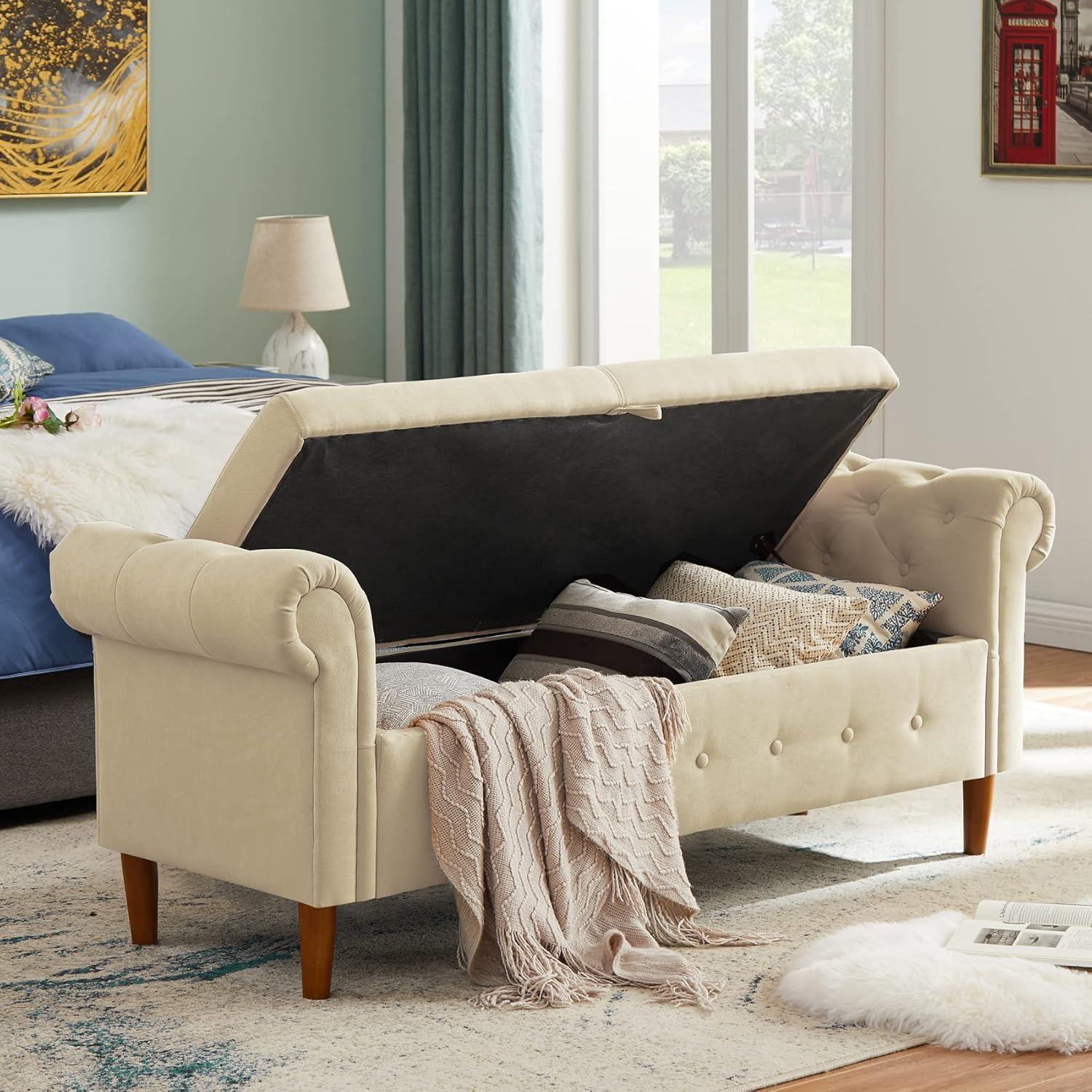 Beige Linen Rolled Arm Storage Bench with Wooden Legs