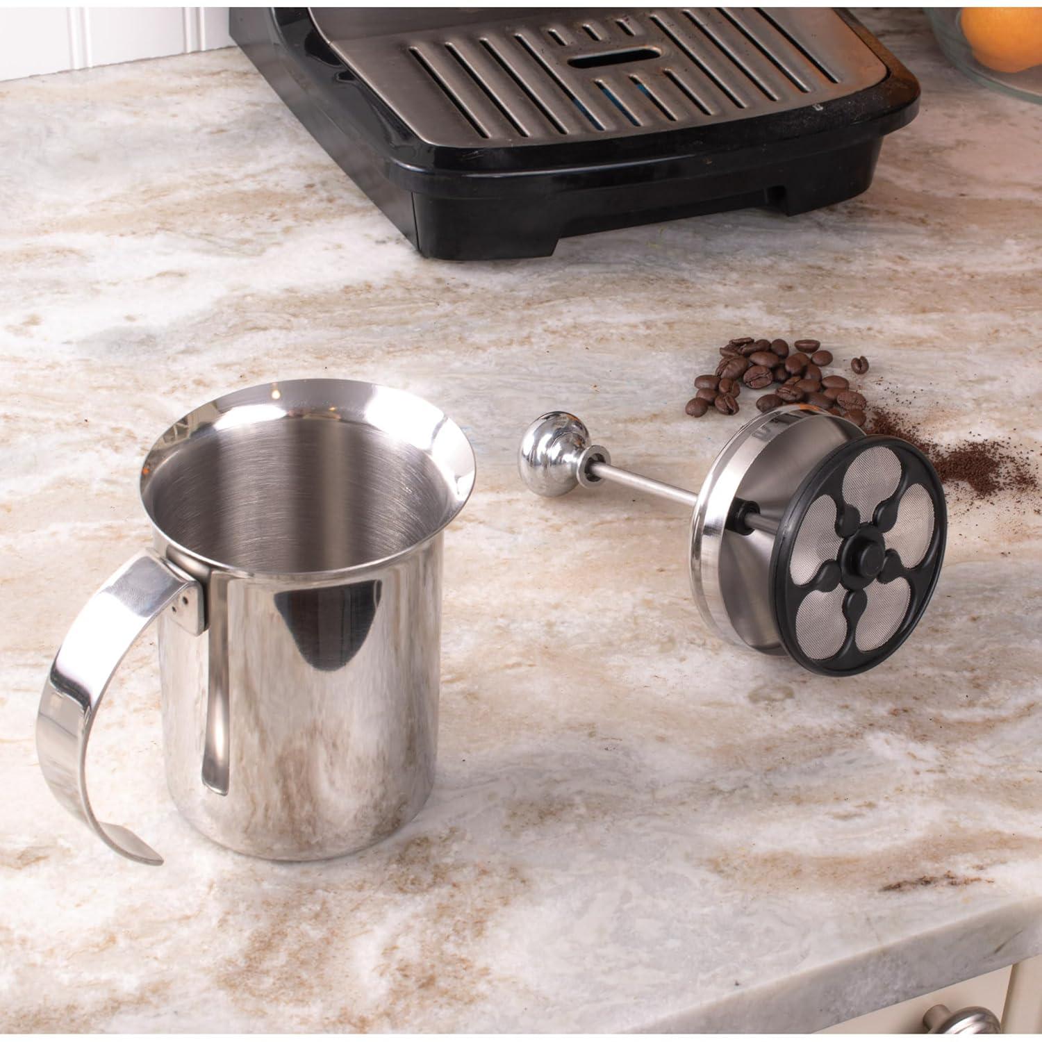 Fino Milk Creamer Frother Cappuccino Foam Pitcher with Handle and Lid, 18/8 Stainless Steel, 14-Ounce Capacity