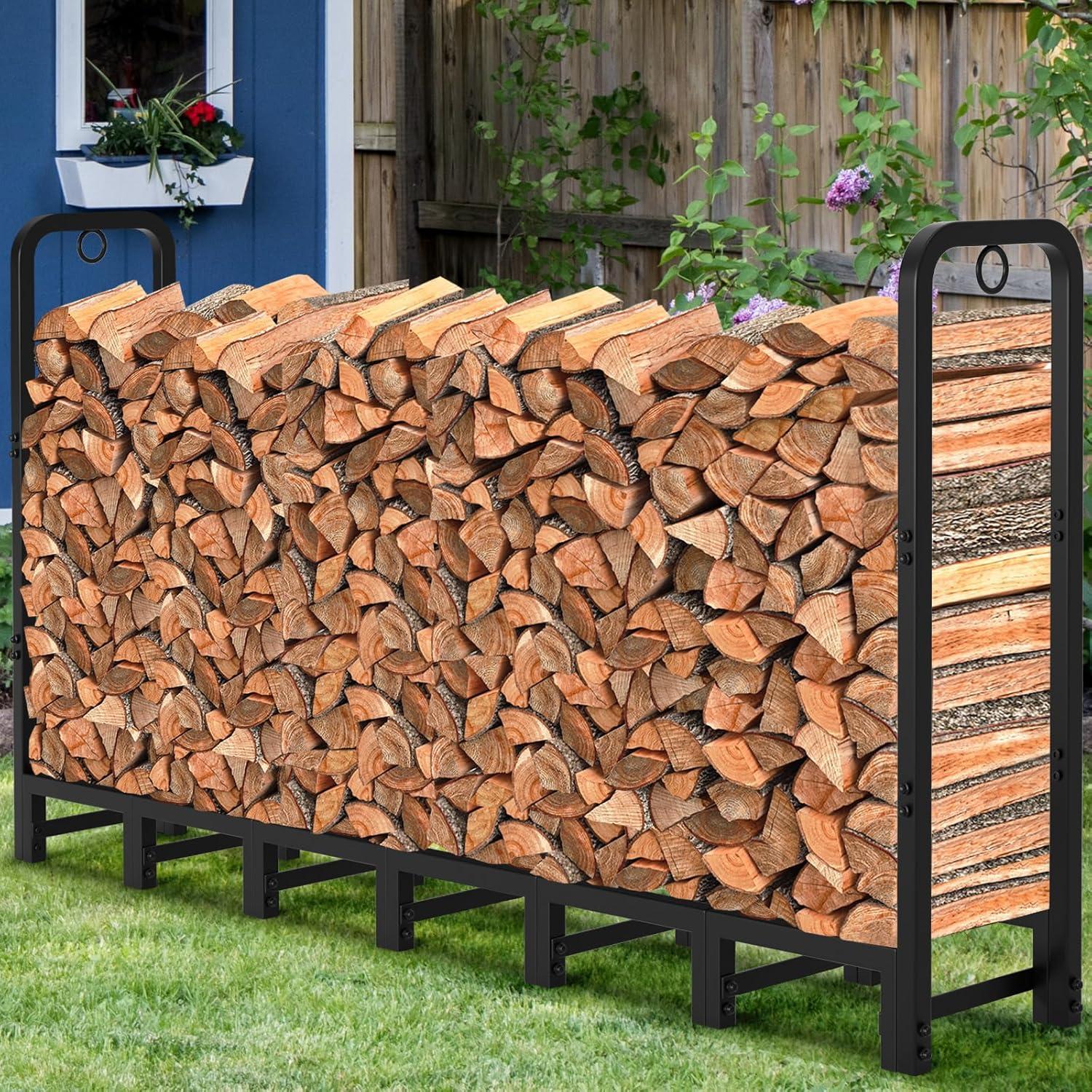 8ft Black Steel Outdoor Firewood Log Rack with Cover