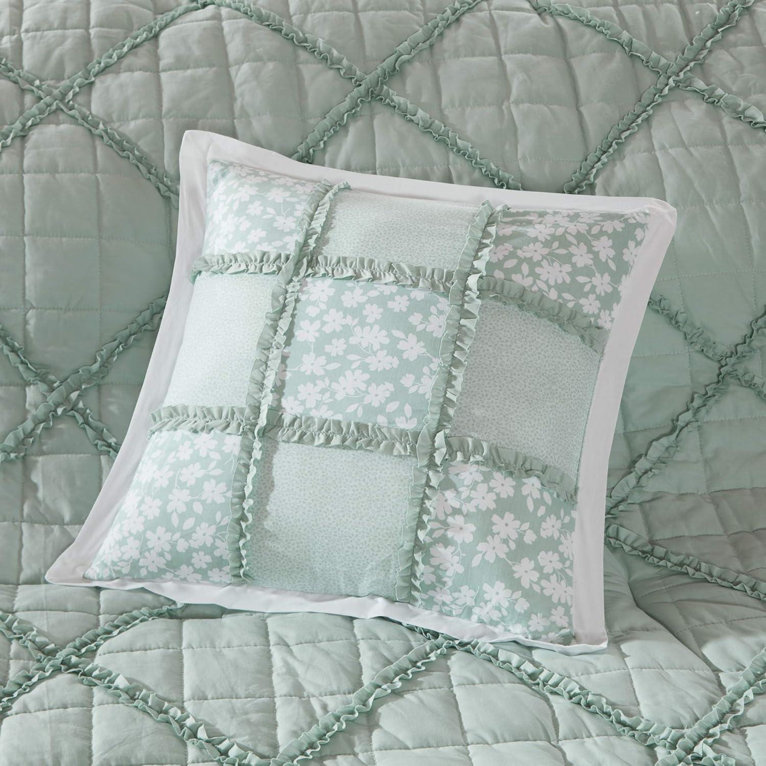 Seafoam Green Cotton Queen Comforter Set with Decorative Pillows