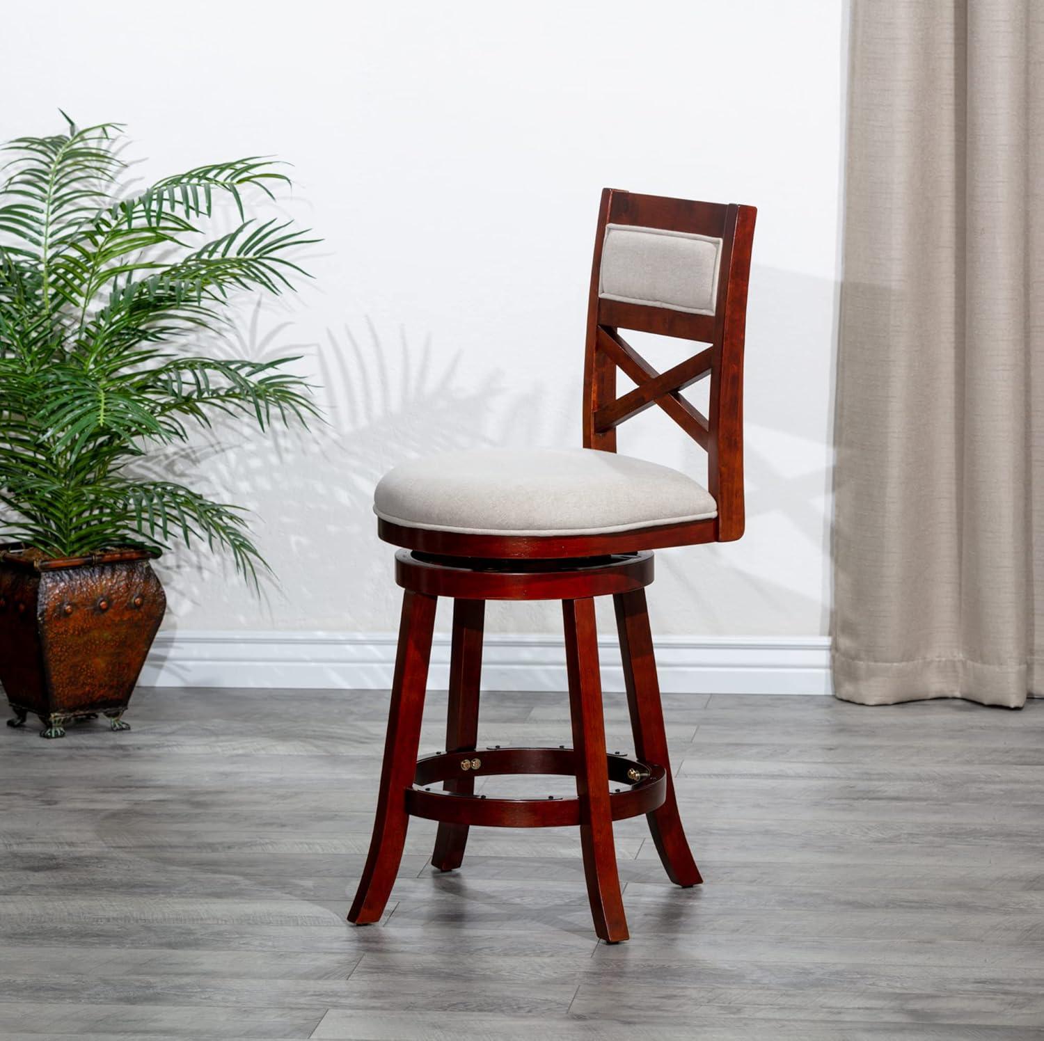 Killeryuki Indoor Living Meeker X Back Fabric Swivel Stool, 24” Counter Height, Cherry Finish, Beige Fabric Seat