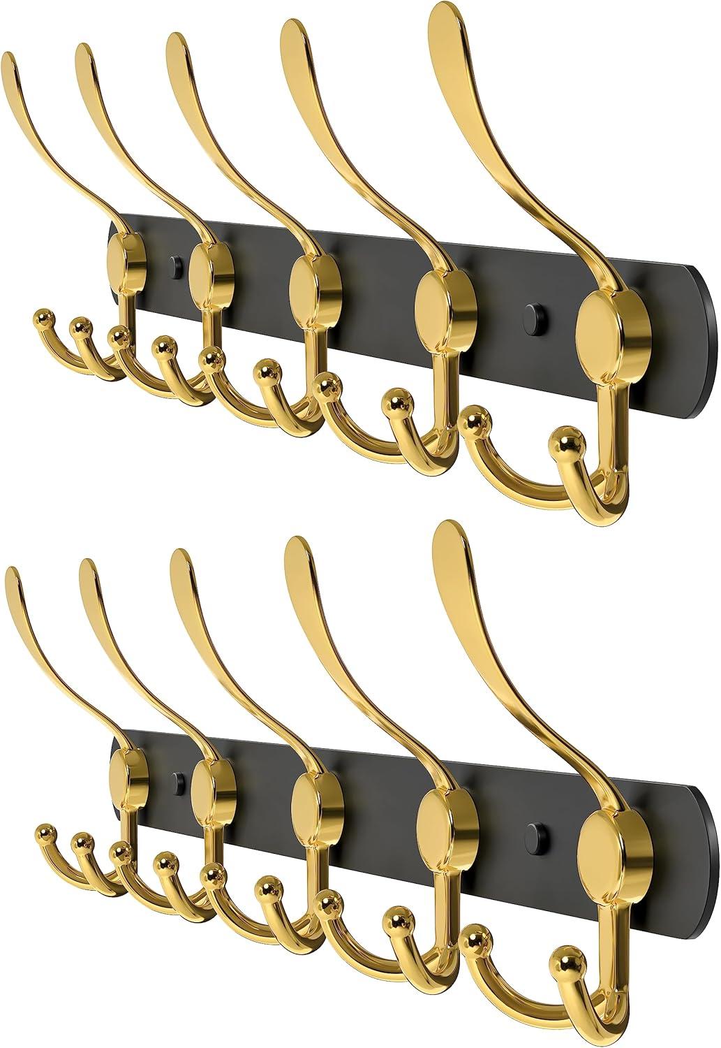 Black and Gold Coat Rack Wall Mounted - 16 Inch Heavy Duty Stainless Steel Matte Finish Wall Hook Rack - 5 Tri Coat Hooks for Hanging Towels, Bags, Hat - Bathroom Entryway - 2 Pack