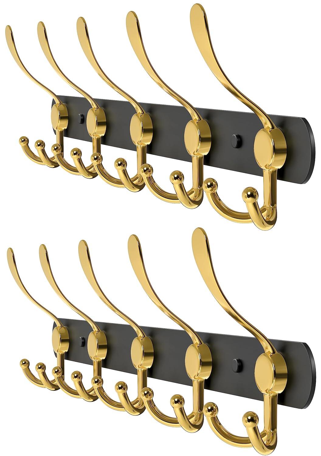 Black and Gold Coat Rack Wall Mounted - 16 Inch Heavy Duty Stainless Steel Matte Finish Wall Hook Rack - 5 Tri Coat Hooks for Hanging Towels, Bags, Hat - Bathroom Entryway - 2 Pack