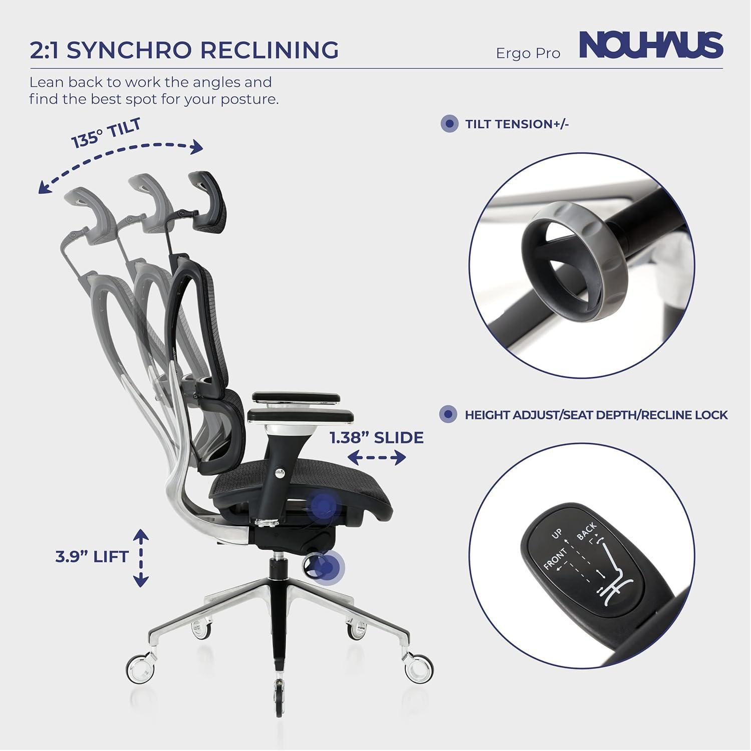 Nouhaus Inc Nouhaus Ergonomic Office Chair Lumbar Support Aluminum Alloy Backrest, Big and Tall Mesh Computer Desk Chair with Adjustable Headrest, 4D Armrest and Premium Wheels