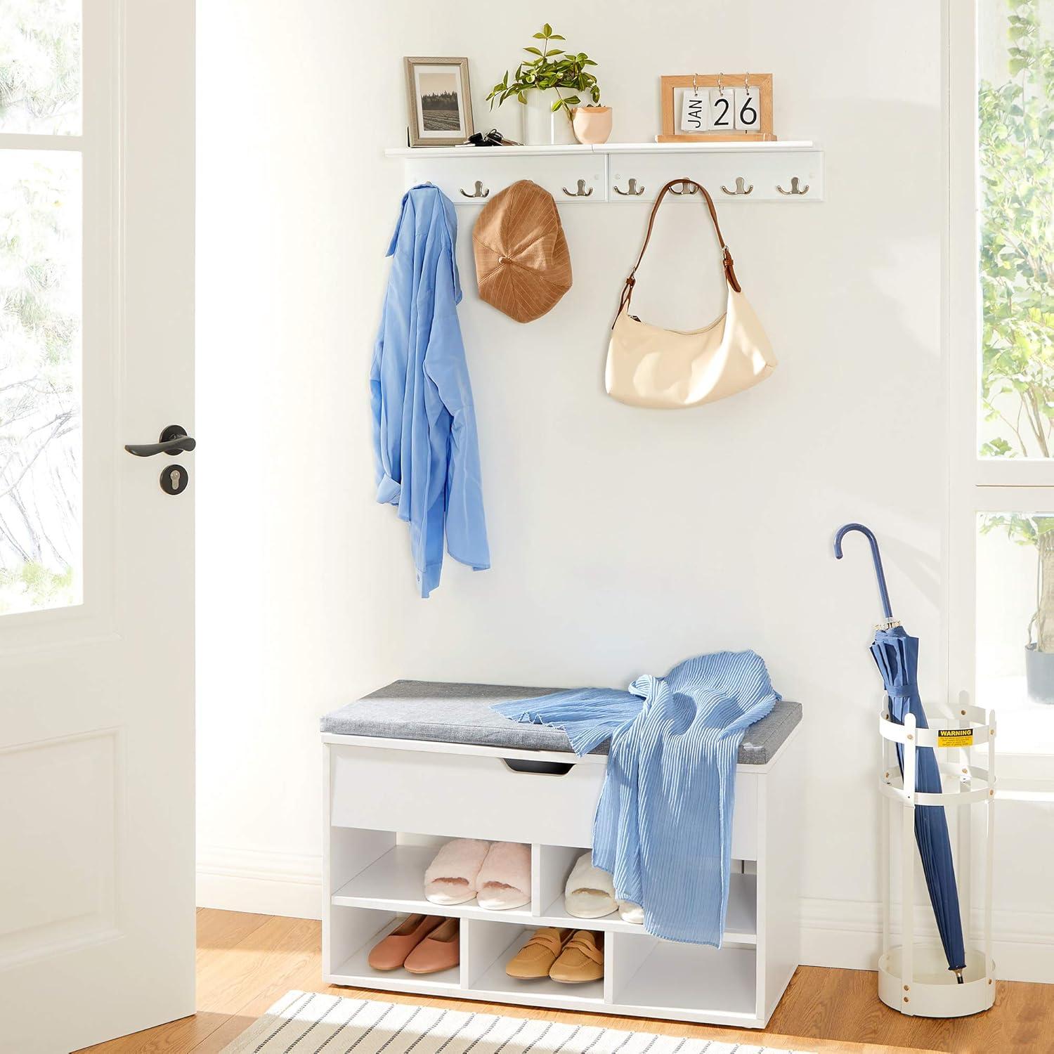 White MDF Wall-Mounted Coat Rack with Shelf and Metal Hooks