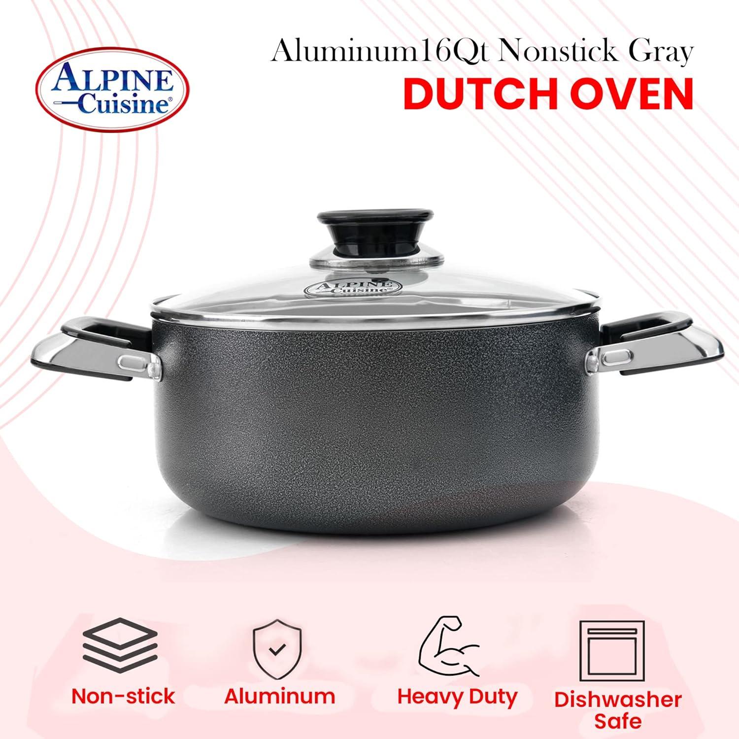 Alpine Cuisine Aluminum Non-Stick Dutch Oven Pot with Glass Lid, 16 Quart, Gray